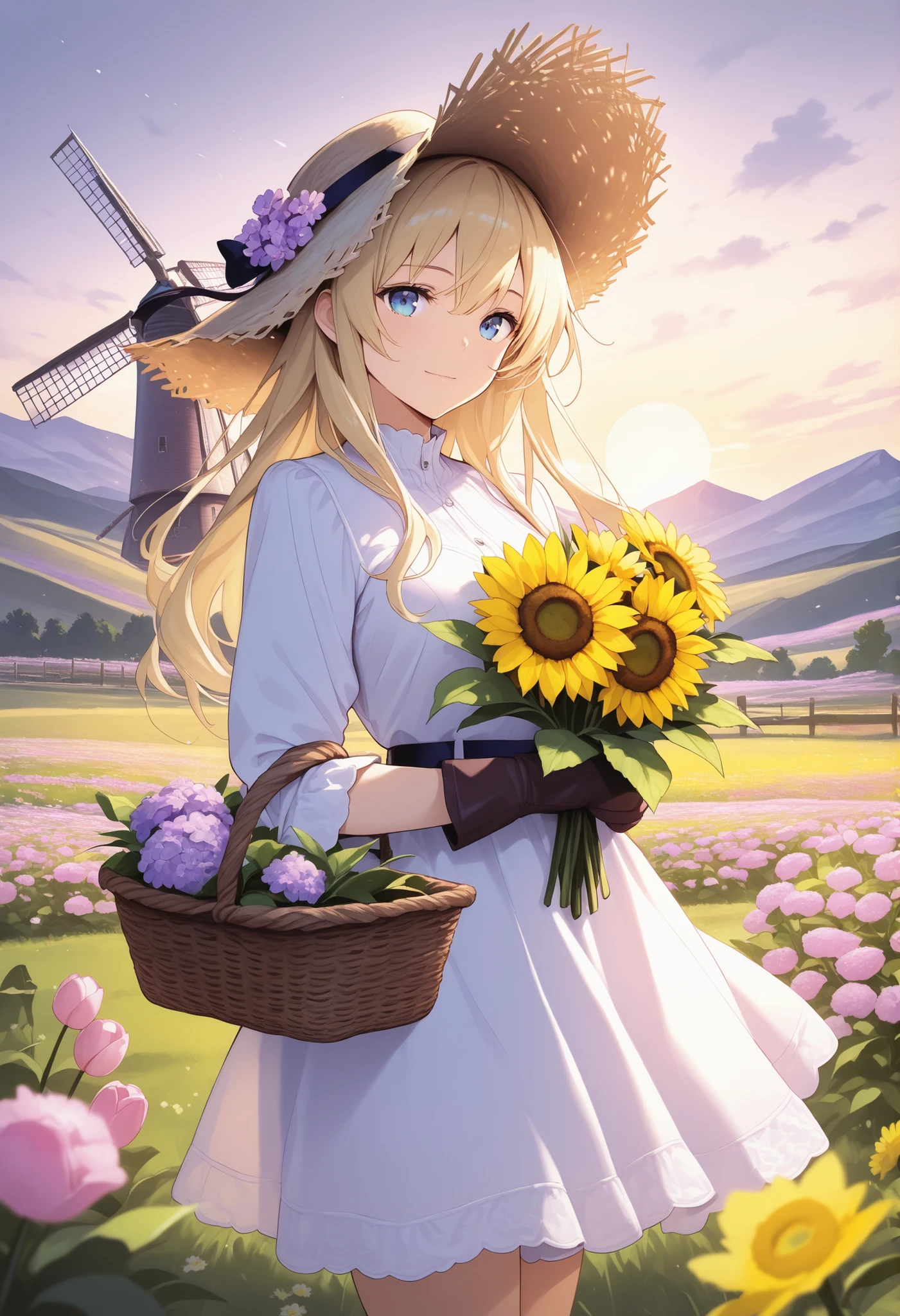 1girl, blonde hair, blue eyes, light smile, basket, boots, bouquet, cowboy shot, daisy field, dandelion, day, flower field, garden, gloves, grass, hat, hydrangea, long hair, mountain distant, outdoors, pink tulip, purple flower, rose yellow, scenery natural, sky cloudy, sunflower, sunset behind, straw hat, sun hat, tulip, windmill wooden fence, yellow daisy, masterpiece, newest, absurdres, incredibly absurdres, abstract background, concept art, depth of field, volumetric lighting, dynamic angle, epic composition, epic proportion, best quality, amazing quality, very aesthetic, detailed background, detailed environment