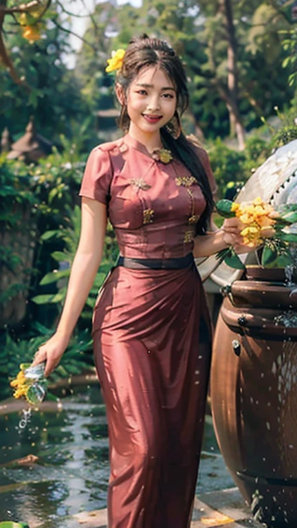 a beautiful girl in vintage colors aodai , masterpiece, best quality, realistic:1.3, street, holding bundle of flowers, yellow dress, sunlight, backlighting, artstation, intricate details, vignettThe owner of an attractive body outline and high hips3d 4k