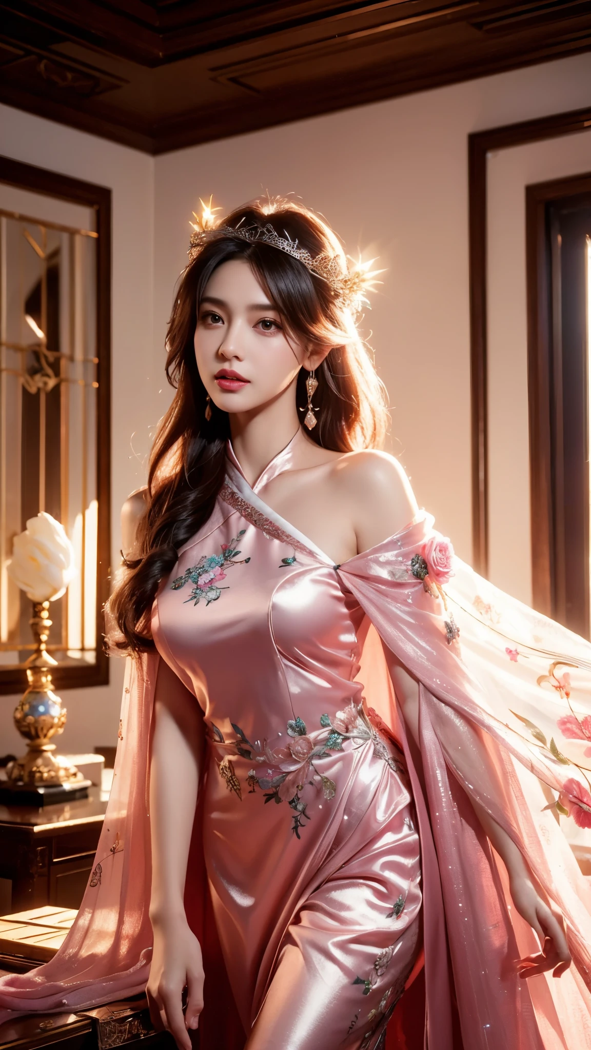 Araffe woman in a pink dress posing in a room - SeaArt AI