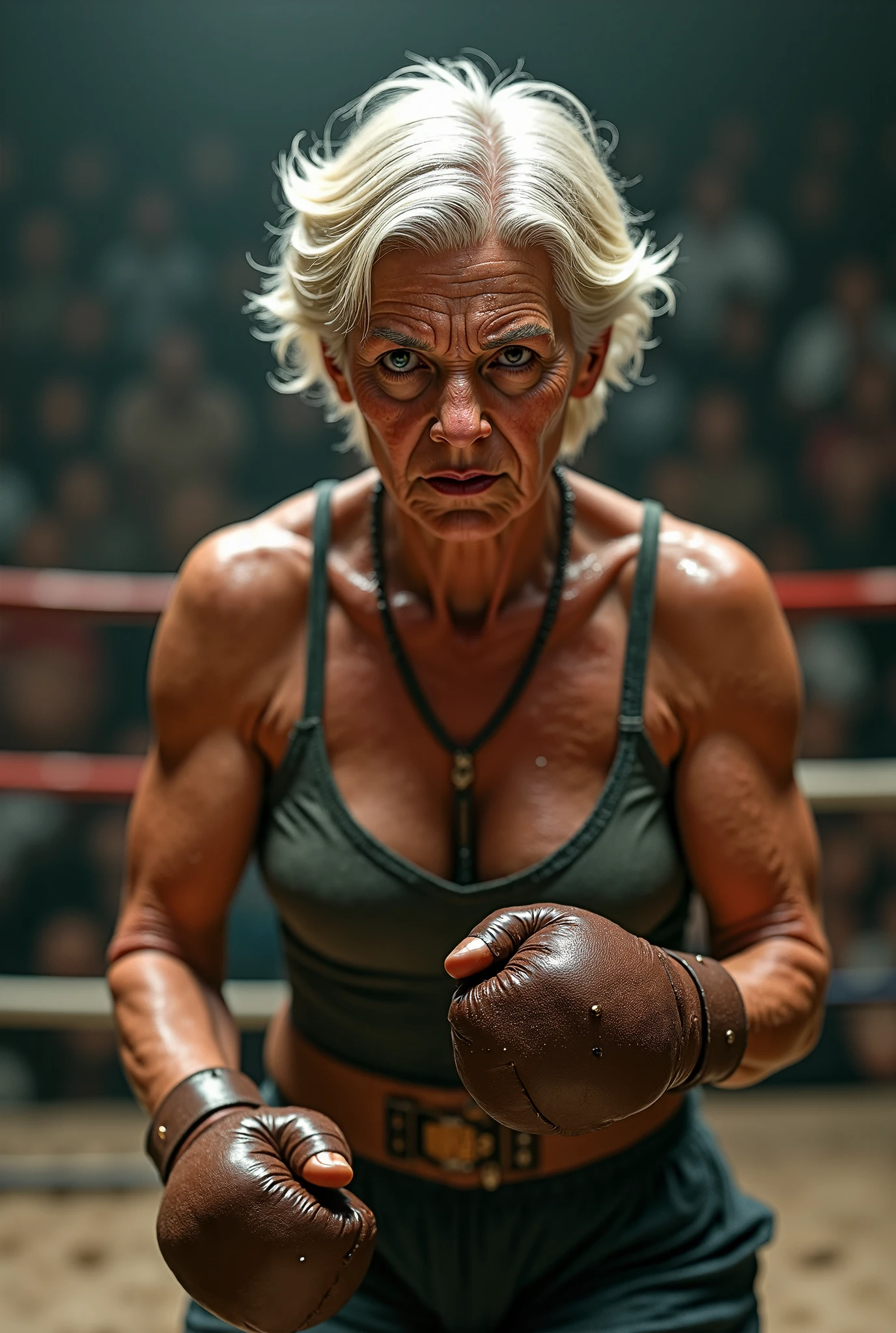 Highly detailed CG Unity 8k wallpaper, masterpiece, realistic, ((1girl)), (A beautiful strong 45 year old Norwegian woman Sofie Hansen with blonde hair tied up as a ponytail and mature look, dynamic action fighting pose throwing a punch:1.1, wearing tight black pants, black boxing gloves:1.2, serious exhausted fierce expression with mouth open), ((topless, perfect breasts, NSFW, sweaty body:1.1, glistening body:1.3)), (female IFBB physique, muscular thighs), (dark boxing ring)