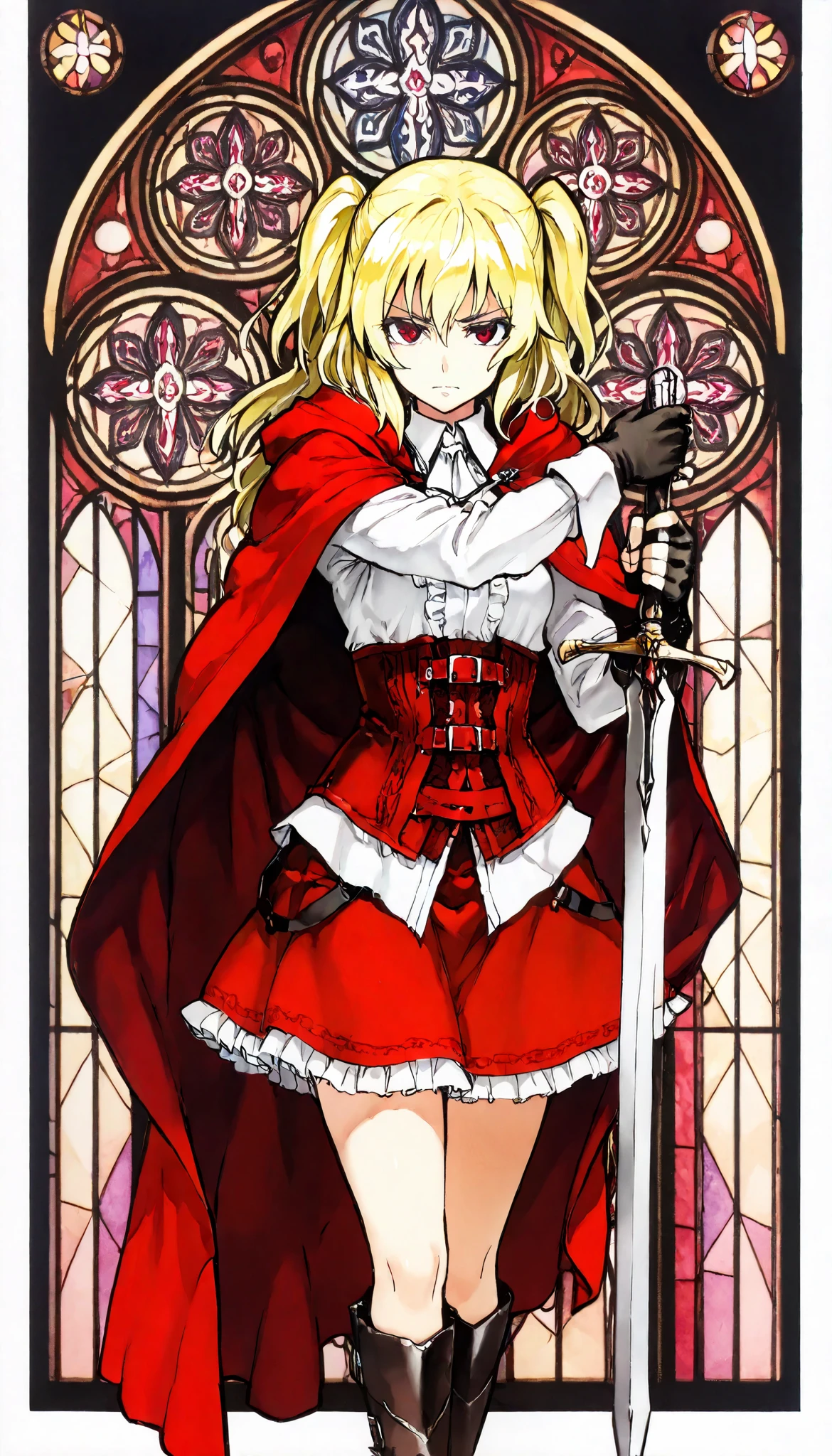 (best quality, highest quality:1.2), masterpiece, top quality, ultra high definition, rich contrasts, HD,8k, High Definition CG Unit Wallpaper, texture , Unbelievably Absurd, ultra high definition, RAW photos ,Deep border 1 .2, very detailed,
1girl, solo, cowboy shot, white shirts, red long cape cloak, red corset, frills red skirt, black fingerless gloves, knee boots, blonde, two side up, red eye, back holding a sword,
Anime Girls, cowboy shot, Gloomy painting style, dark church, stained glass,
