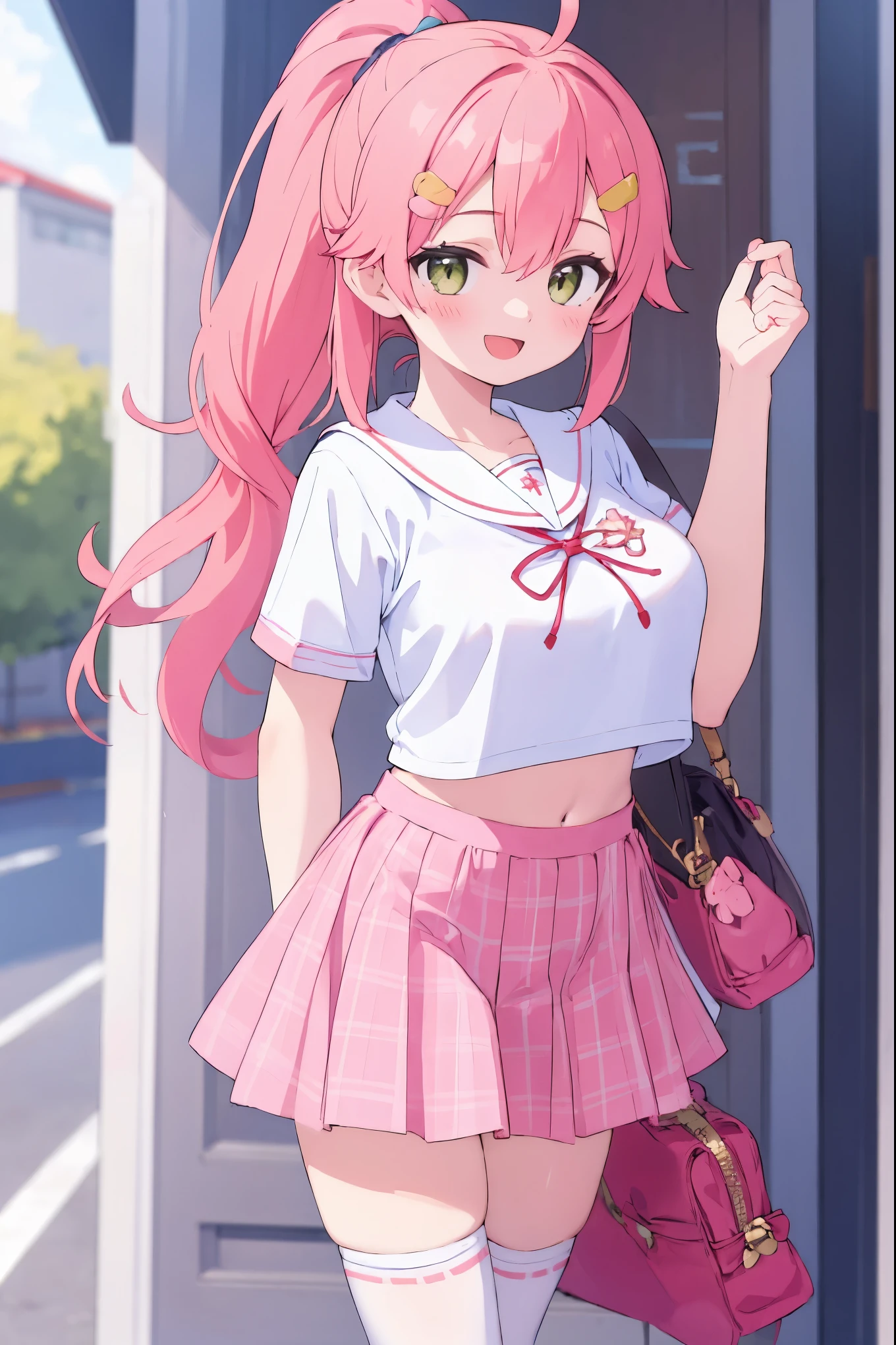 masterpiece, best quality, 1 _girl, solo, MikoSchool,ahoge,pink_hair,(short_ponytail:1.3), hairclip, white shirt, sailor_collar, pink_skirt, plaid, white_thighhighs, short_sleeves, looking through legs,big_smile,large_breasts,midriff,happy, excited,open_mouth,large_droopy_eyes