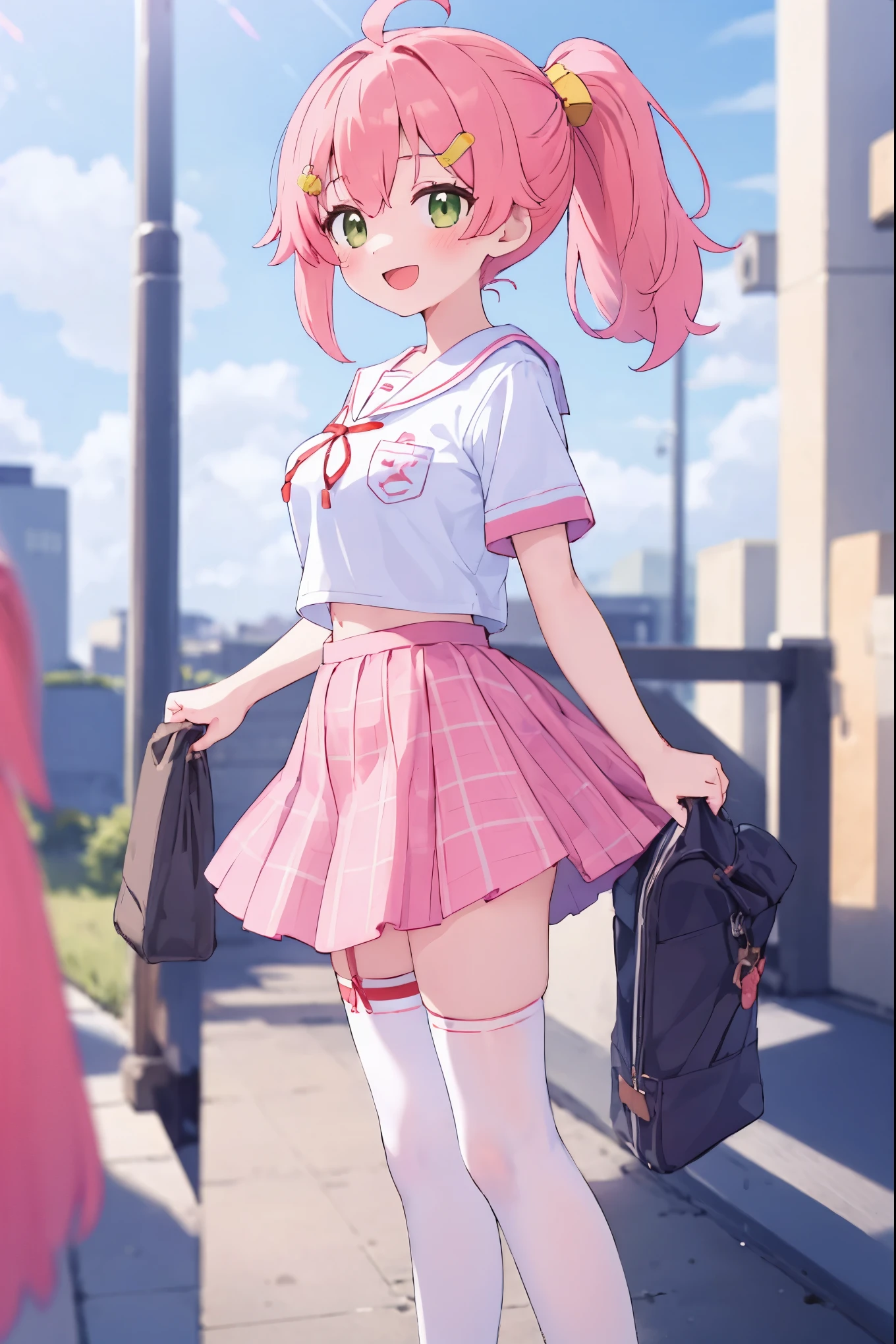 masterpiece, best quality, 1 _girl, solo, MikoSchool,ahoge,pink_hair,(short_ponytail:1.3), hairclip, white shirt, sailor_collar, pink_skirt, plaid, white_thighhighs, short_sleeves, looking through legs,big_smile,large_breasts,midriff,happy, excited,open_mouth,large_droopy_eyes