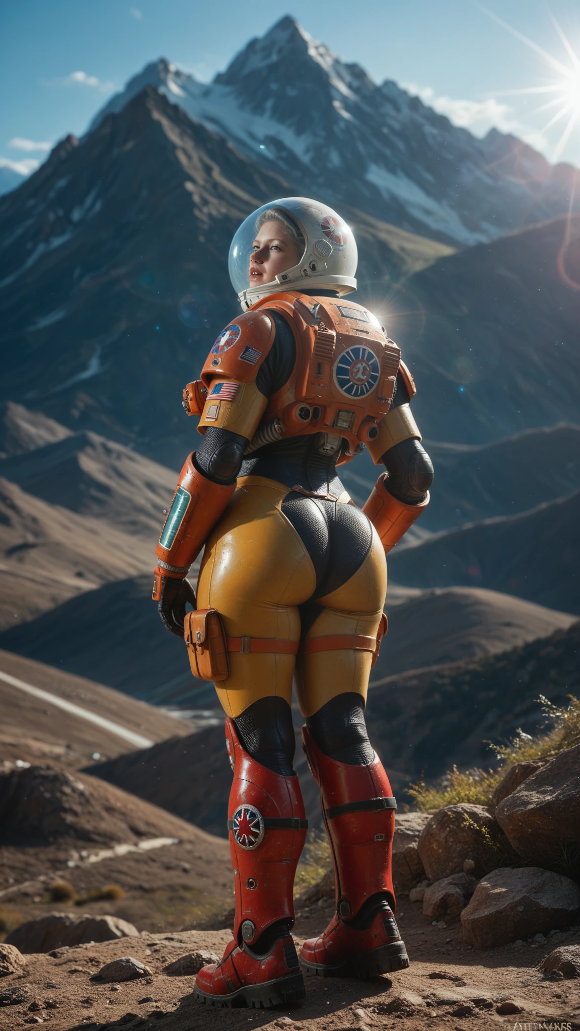 A futuristic rear angle (sci-fi) photo of a (fit woman futuristic astronaut standing on rock overlooking Martian valley on Mars), back towards viewer, not looking at viewer, (wearing skintight white and red sci-fi spacesuit, full body),  fit body, (big ass), [wide hips], rusty red Martian terrain, mars dust scattered floating in air, (mountain:0.8), (lens flare:0.7), (cross-processing), (highly detailed), (cinematic lighting:1.1), sharp shadows, intricately detailed, photographed on a Hasselblad 500, 80mm F2.8 lens, with Cinestill 800T film, cinematic contrast, outdoors, ((on Mars)), space exploration, journey, nasa-punk, from behind, sfw