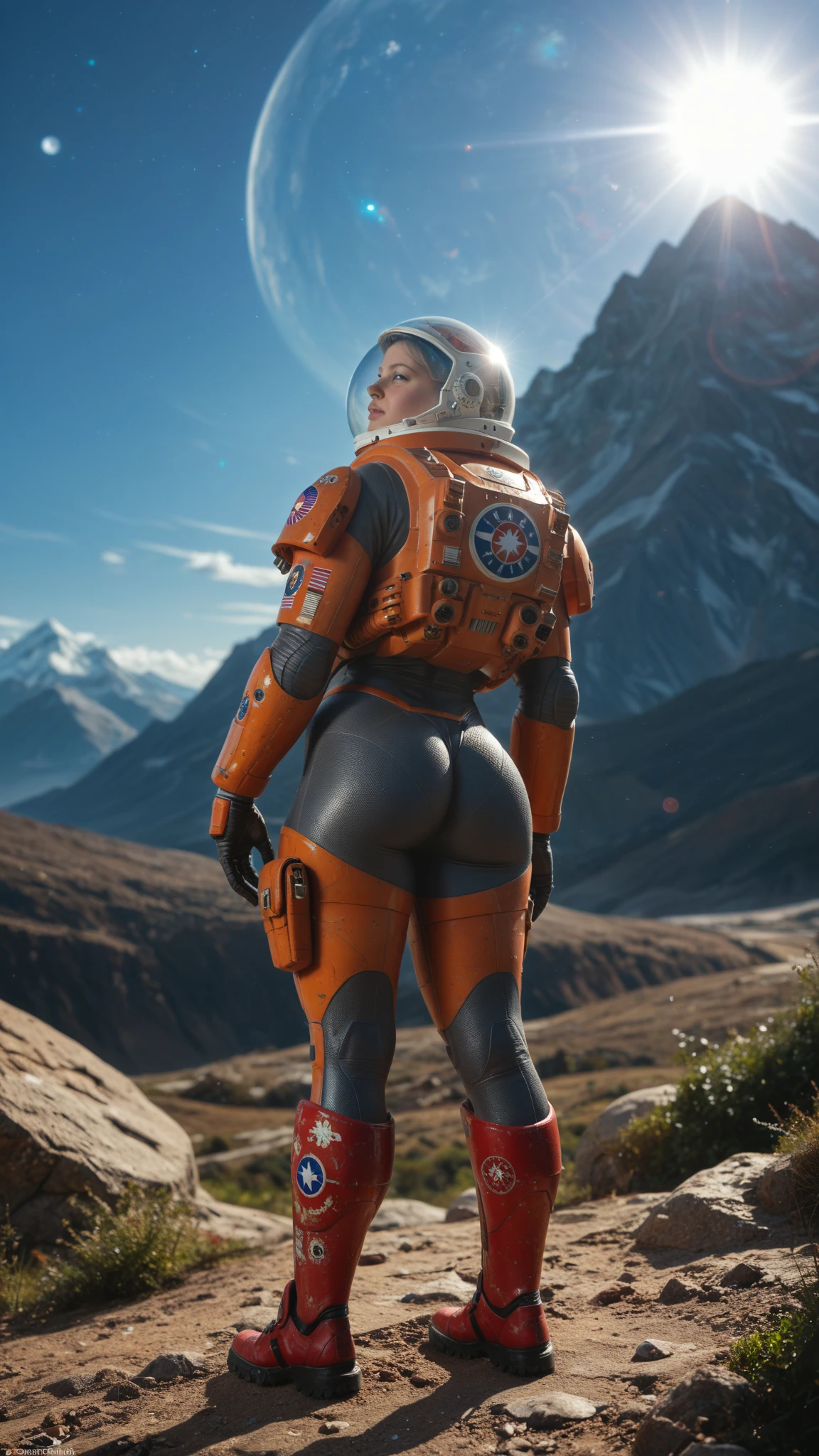 Wide angle, Highly detailed RAW color Photo, Full Body, of (female space soldier, wearing orange and white space suit, helmet, tined face shield, rebreather, accentuated booty), (Big Tits), outdoors, (looking up at advanced alien structure, on alien planet), toned body, big butt, (sci-fi), (mountains:1.1), (lush green vegetation), (two moons in sky:0.8), (highly detailed, hyperdetailed, intricate), ((DAY TIME)), (lens flare:0.7), (bloom:0.7), particle effects, raytracing, cinematic lighting, shallow depth of field, photographed on a Sony a9 II, 50mm wide angle lens, sharp focus, cinematic film still from Gravity 2013.