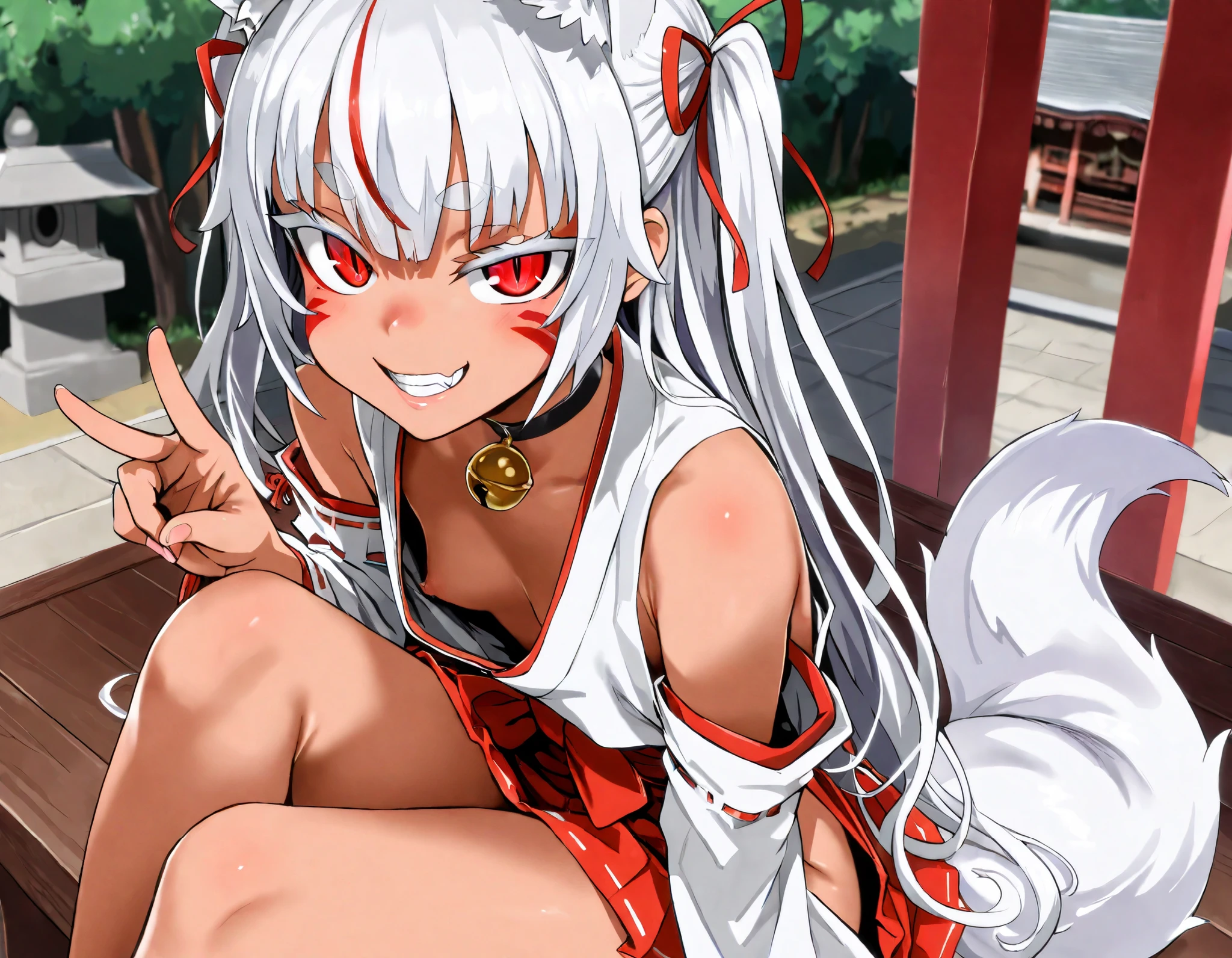 (best quality, highest quality:1.2), masterpiece, Ultra-high resolution, rich contrasts, HD, 8k, fine skin, no makeup, ideal ratio body proportions,
1girl, anime girls, asanagi style, mesugaki, dark skin, tan, red eye, slit pupils, ((white fox ear, white fox tails)), Wicked Smile, evil grin, fang,
very long two side up, white Hair, thick eyebrows, red highlights hair, Hair ribbon bell, bell choker, bimbo, ((dim body)), flat_chest, (facial mark), (Corona Hand Gesture),
nontraditional miko, bare shoulders, miko, red obi sash, red short skirt, skirt cutout, ((downblouse, no panties)),
looking at viewer, lewd, cute, big eyes, ero, ecchi, Sitting with Knees Up,
Score_9,Score_8,score_7_up,source_anime, rating_questionable, shrine,