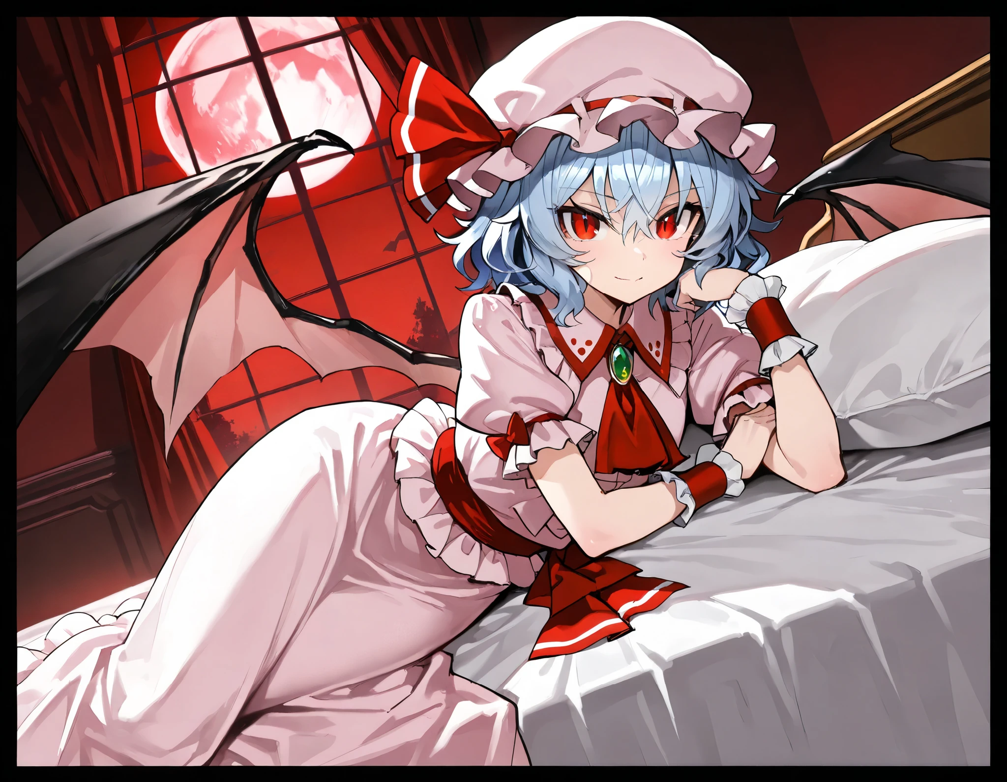 (best quality, highest quality:1.2), masterpiece, top quality, ultra high definition, rich contrasts, HD, 8k, High Definition CG Unit Wallpaper, texture, Unbelievably Absurd, ultra high definition, RAW photos, Deep border:1.2, very detailed,
1girl, solo, Diabolical, newest, highres, absurdres, highly detailed, best quality, lying, bed room,
Anime Girls, blue hair, dress, frills, hat, hat ribbon, mob cap, pink dress, puffy sleeves, red ascot, red eyes, red sash, remilia scarlet, ribbon, sash, short hair, short sleeves, white dress, wings, wrist cuffs,
red full moon, night sky, night, red moonlight, red curtain, window, indoor,