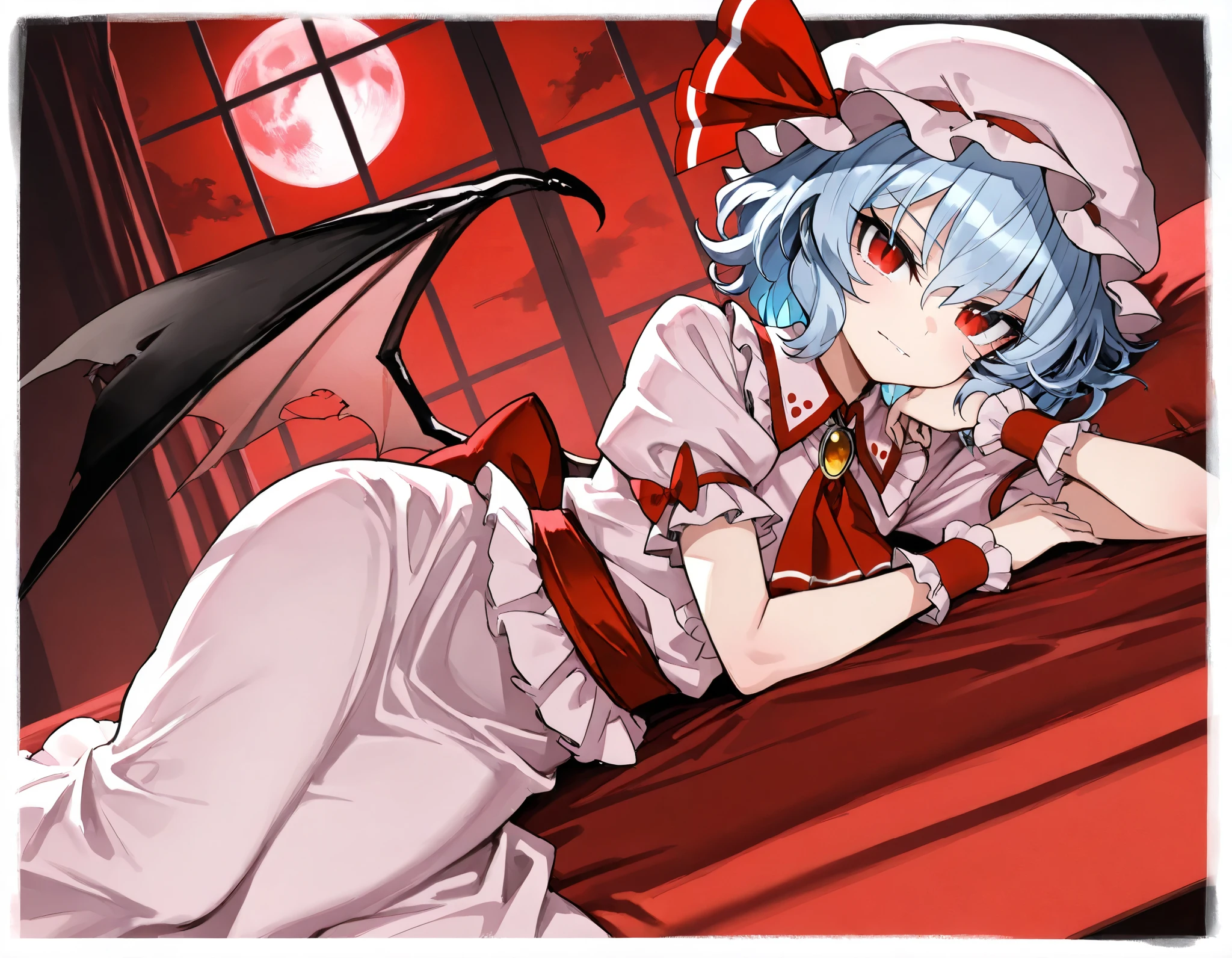 (best quality, highest quality:1.2), masterpiece, top quality, ultra high definition, rich contrasts, HD, 8k, High Definition CG Unit Wallpaper, texture, Unbelievably Absurd, ultra high definition, RAW photos, Deep border:1.2, very detailed,
1girl, solo, Diabolical, newest, highres, absurdres, highly detailed, best quality, lying, bed room,
Anime Girls, blue hair, dress, frills, hat, hat ribbon, mob cap, pink dress, puffy sleeves, red ascot, red eyes, red sash, remilia scarlet, ribbon, sash, short hair, short sleeves, white dress, wings, wrist cuffs,
red full moon, night sky, night, red moonlight, red curtain, window, indoor,