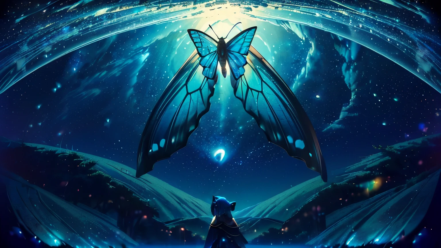 超 high definition,  high definition,  high quality , Spectacular Scenery ,((息をのむような美しい Milky Way銀河))),((( large groups of cobalt blue morpho butterflies flying above the water)). shot with a fisheye lens ,((( mystical atmosphere ))), Beautiful Sunset , Majestic Atmosphere, Milky Way, star, star屑,   Milky Way, 流star,  people in Manfu,, Beautiful Sunset , Bioluminescent flowers and trees at the bottom of the valley々Covered in, 
