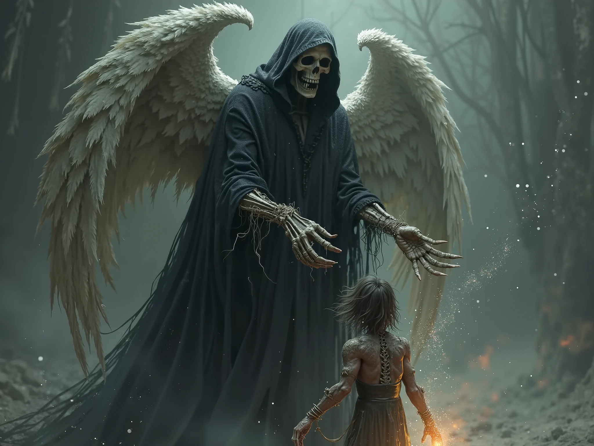  The reaper walking with a child and an angel appears behind them