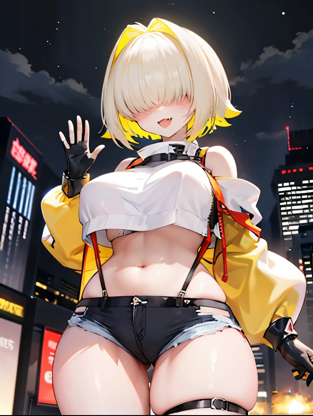 score_9, score_8_up, score_7_up, source_anime BREAK 1girl, solo, elegg, short hair, bangs, hair intakes, multicolored hair, hair over eyes, crop top, bare shoulders, long sleeves, suspenders, midriff, navel, short shorts, thigh strap, multicolored_gloves, large breasts, looking at viewer, thick thighs, (plump:0.5),(plump_lower:0.7), standing, smug, waving,
,future_city_background,night,under_breasts,lighting, (sharp_glance:0.2),nihil_smile,fang, pockets_protruding_from_shorts