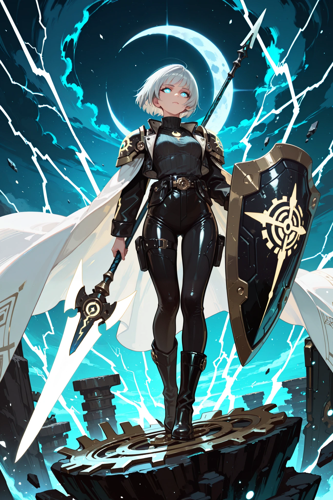 masterpiece, best quality, amazing quality,
1girl, solo, dynamic angle, overhead lighting, light beams, floating particles, holding spear, holding shield, ethereal glow, intricate armor, mechanical details, gears, glowing emblem, ribbed tank top, utility belt, thigh sheath, spear with crystalline tip, flowing cloak, full moon, starry night, shining weapon, leather pauldrons, black boots, black leggings, cropped jacket, looking upwards, radiant aura, silver hair, e.g.o-inspired design, shirt tucked in, celestial clouds, glowing crescent moon, turtleneck bodysuit, glowing cyan eyes, standing on a cliff, stormy sky, lightning shards, short bob haircut, small breasts, dramatic pose, wind effect,