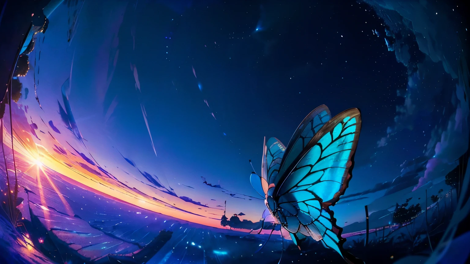 超 high definition,  high definition,  high quality , Spectacular Scenery ,((息をのむような美しい Milky Way銀河))),((( large groups of cobalt blue morpho butterflies flying above the water)). shot with a fisheye lens ,((( mystical atmosphere ))), Beautiful Sunset , Majestic Atmosphere, Milky Way, star, star屑,   Milky Way, 流star,  people in Manfu,, Beautiful Sunset , Bioluminescent flowers and trees at the bottom of the valley々Covered in, 
