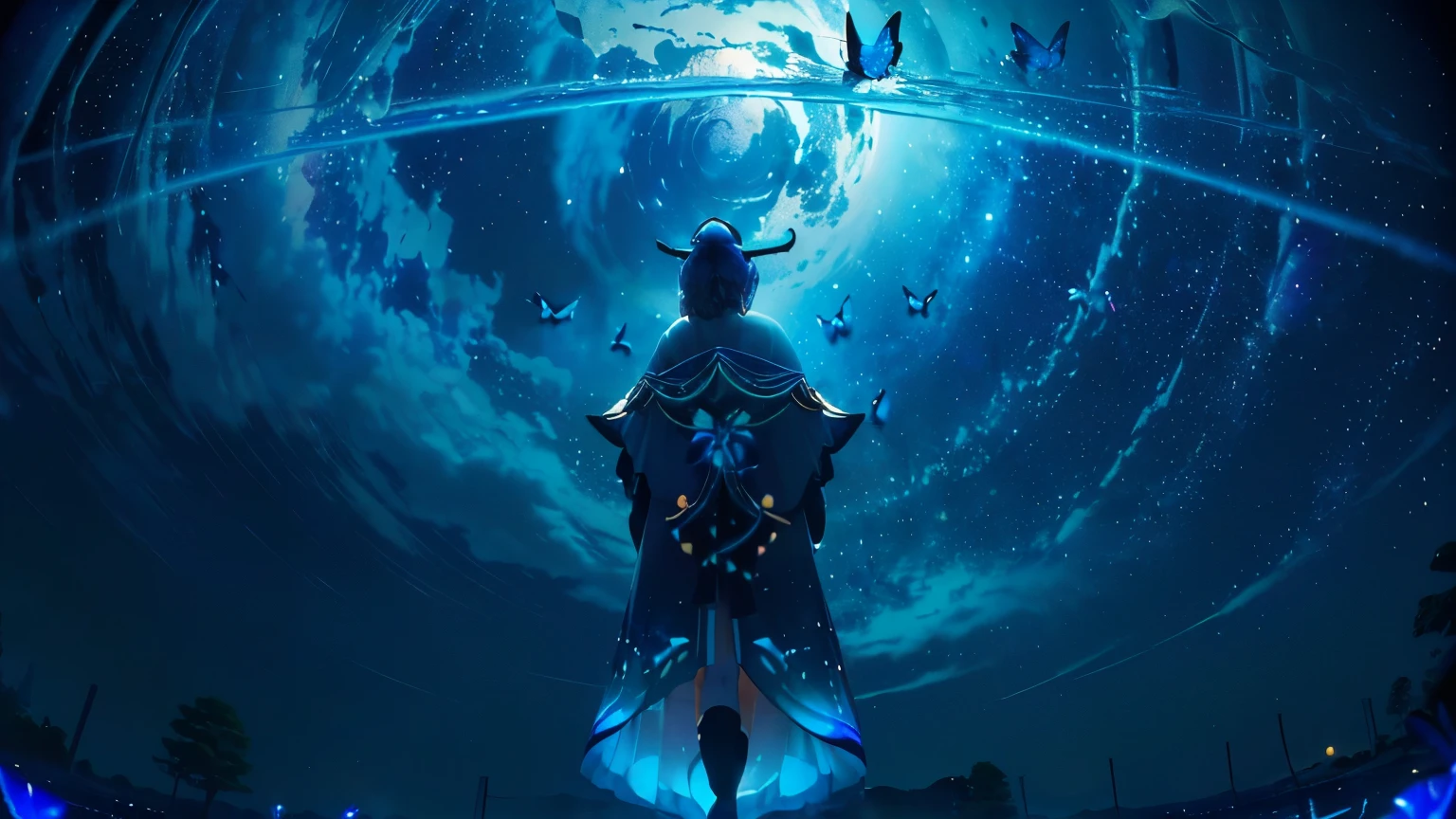 超 high definition, high definition, high quality , Spectacular Scenery ,((息をのむような美しい Milky Way銀河))),((( large groups of cobalt blue morpho butterflies flying above the water)). shot with a fisheye lens ,((( mystical atmosphere ))), Beautiful Sunset , Majestic Atmosphere, Milky Way, star, star屑, Milky Way, 流star, people in Manfu,, Beautiful Sunset , Bioluminescent flowers and trees at the bottom of the valley々Covered in,