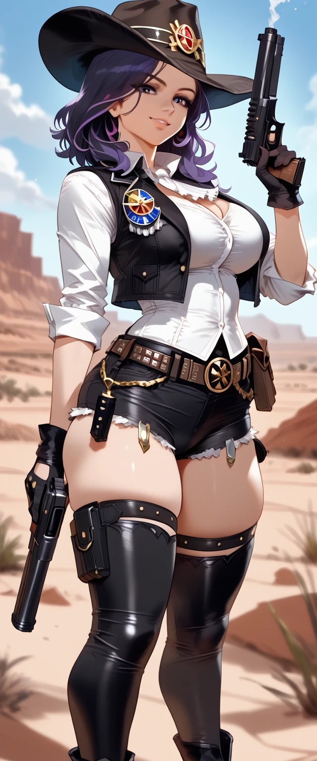 ashe from overwatch, 19 years old, slim figure, runners body, delicate nose, soft and delicate lips, facing away from camera, butt pose, wearing short shorts, wearing cowboy hat, barn interior, sexy pose, legs up