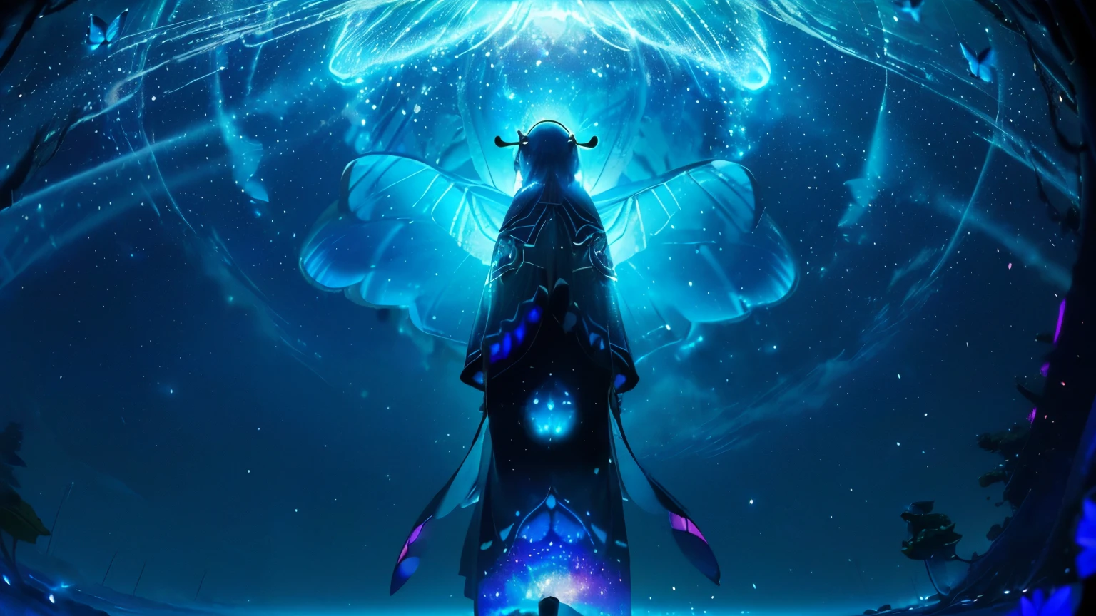 超 high definition,  high definition,  high quality , Spectacular Scenery ,((息をのむような美しい Milky Way銀河))),((( large groups of cobalt blue morpho butterflies flying above the water)). shot with a fisheye lens ,((( mystical atmosphere ))), Beautiful Sunset , Majestic Atmosphere, Milky Way, star, star屑,   Milky Way, 流star, ((( people in Manfu))), Beautiful Sunset , Bioluminescent flowers and trees at the bottom of the valley々Covered in, 
