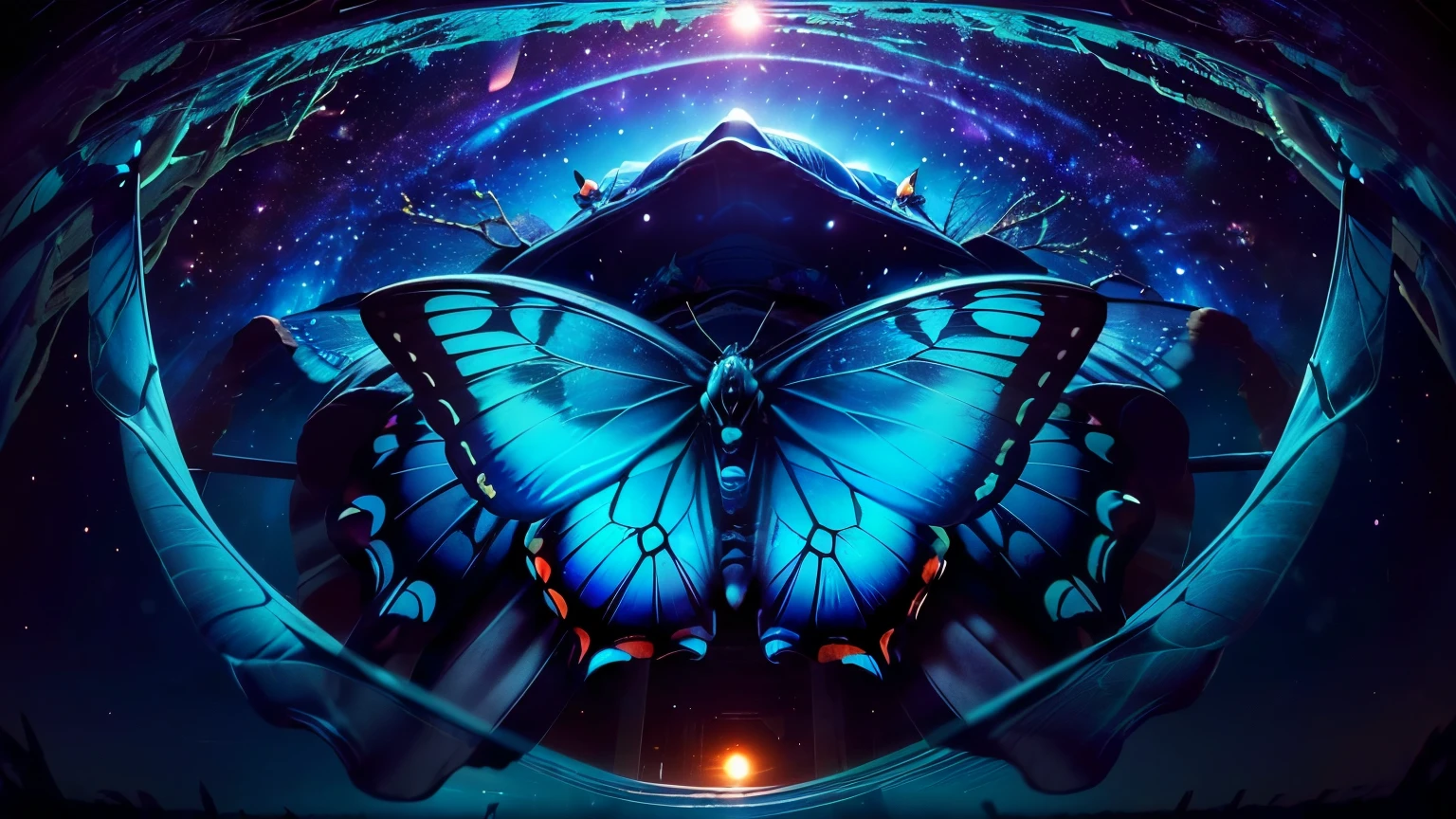 超 high definition, high definition, high quality , Spectacular Scenery ,((息をのむような美しい Milky Way銀河))),((( large groups of cobalt blue morpho butterflies flying above the water)). shot with a fisheye lens ,((( mystical atmosphere ))), Beautiful Sunset , Majestic Atmosphere, Milky Way, star, star屑, Milky Way, 流star, ((( people in Manfu))), Beautiful Sunset , Bioluminescent flowers and trees at the bottom of the valley々Covered in,