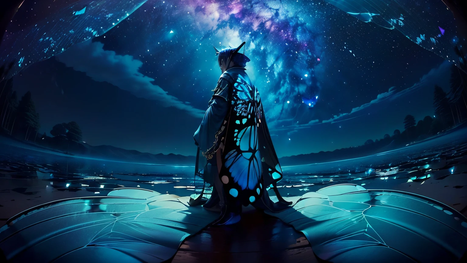超 high definition,  high definition,  high quality , Spectacular Scenery ,((息をのむような美しい Milky Way銀河))),((( large groups of cobalt blue morpho butterflies flying above the water)). shot with a fisheye lens ,((( mystical atmosphere ))), Beautiful Sunset , Majestic Atmosphere, Milky Way, star, star屑,   Milky Way, 流star, ((( people in Manfu))), Beautiful Sunset , Bioluminescent flowers and trees at the bottom of the valley々Covered in, 

