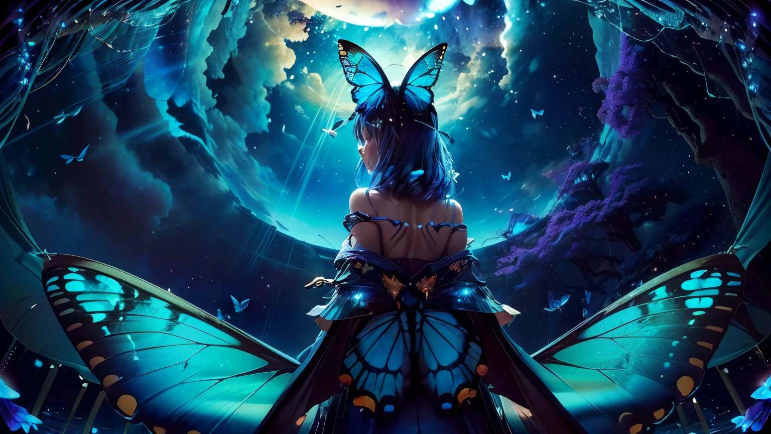 超 high definition,  high definition,  high quality , Spectacular Scenery ,((息をのむような美しい Milky Way銀河))),((( large groups of cobalt blue morpho butterflies flying above the water)). shot with a fisheye lens ,((( mystical atmosphere ))), Beautiful Sunset , Majestic Atmosphere, Milky Way, star, star屑,   Milky Way, 流star, ((( people in Manfu))), Beautiful Sunset , Bioluminescent flowers and trees at the bottom of the valley々Covered in, 
