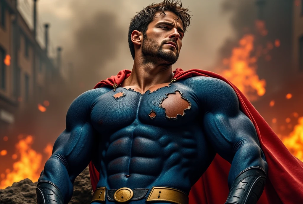 1 homem, somente, Russel Crowe como Superman, 40s anos, uniforme preto, big red S symbol on the chest, cabelo de corte curto, alto, barriga saliente, barba, viril, corpo hunk, musculoso, melhor qualidade, high res: 1.2, obra prima, Rendering, fundo escuro, terno detalhado, rosto detalhado, Runic scene in the background --auto