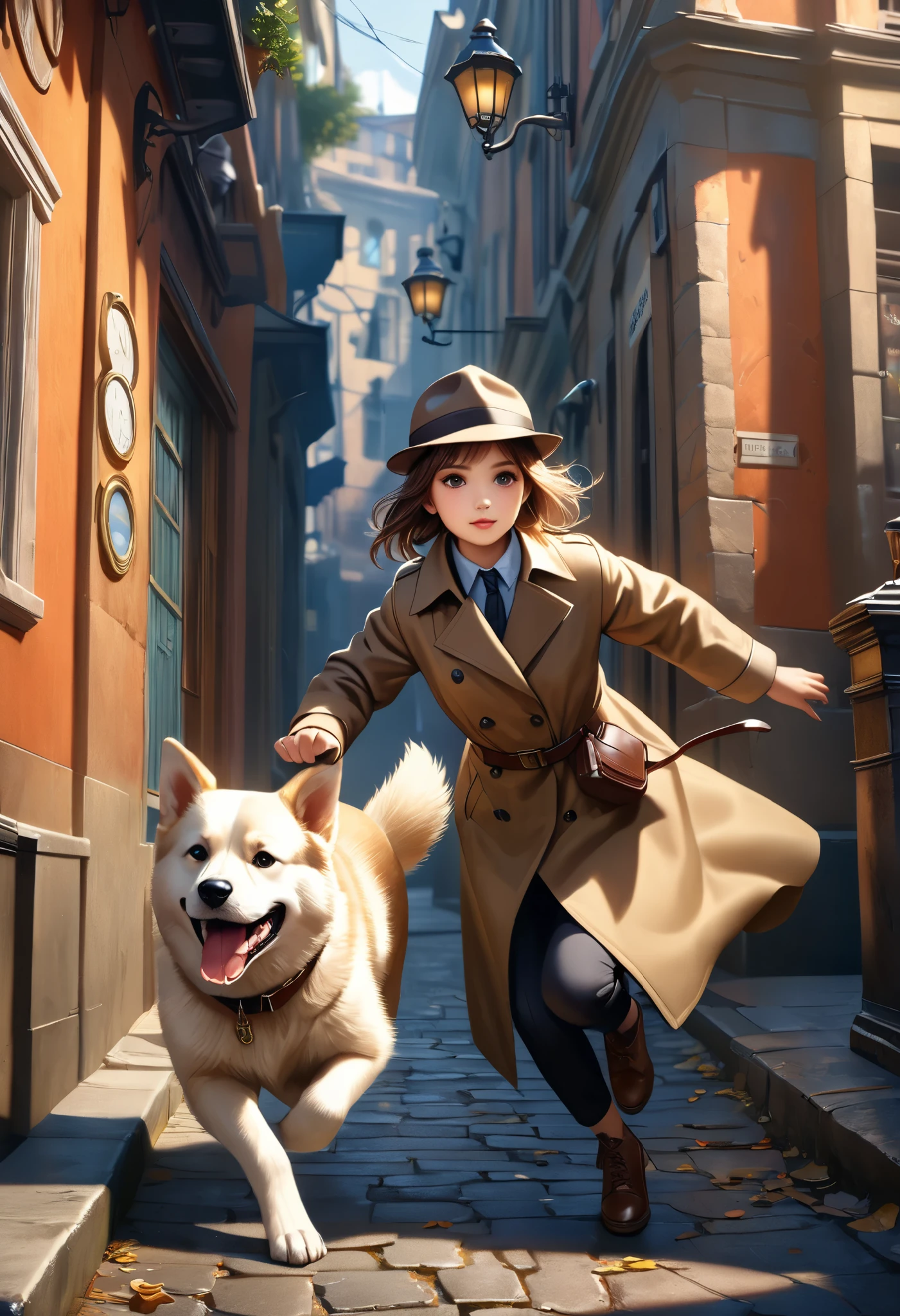 a cute fluffy dog ​​is chasing her from the front, (the dog looks like a detective:1.37), detective dog themed artwork, dog, street, sunny day, dynamic pose, detailed textures, BREAK Far away, in the depths, there is a girl, \The girl is not a detective, dog chases girl, detective dog\, BREAK A scene where the detective's dog chases her, cinematic lighting, vibrant colors, intricate background details, (Highest Quality, 4k, 8k, High Resolution, Masterpiece: 1.2), Ultra-detailed, (Realistic, Photorealistic, Photorealistic: 1.37), Cinematic composition, dramatic lighting, warm tonal palette