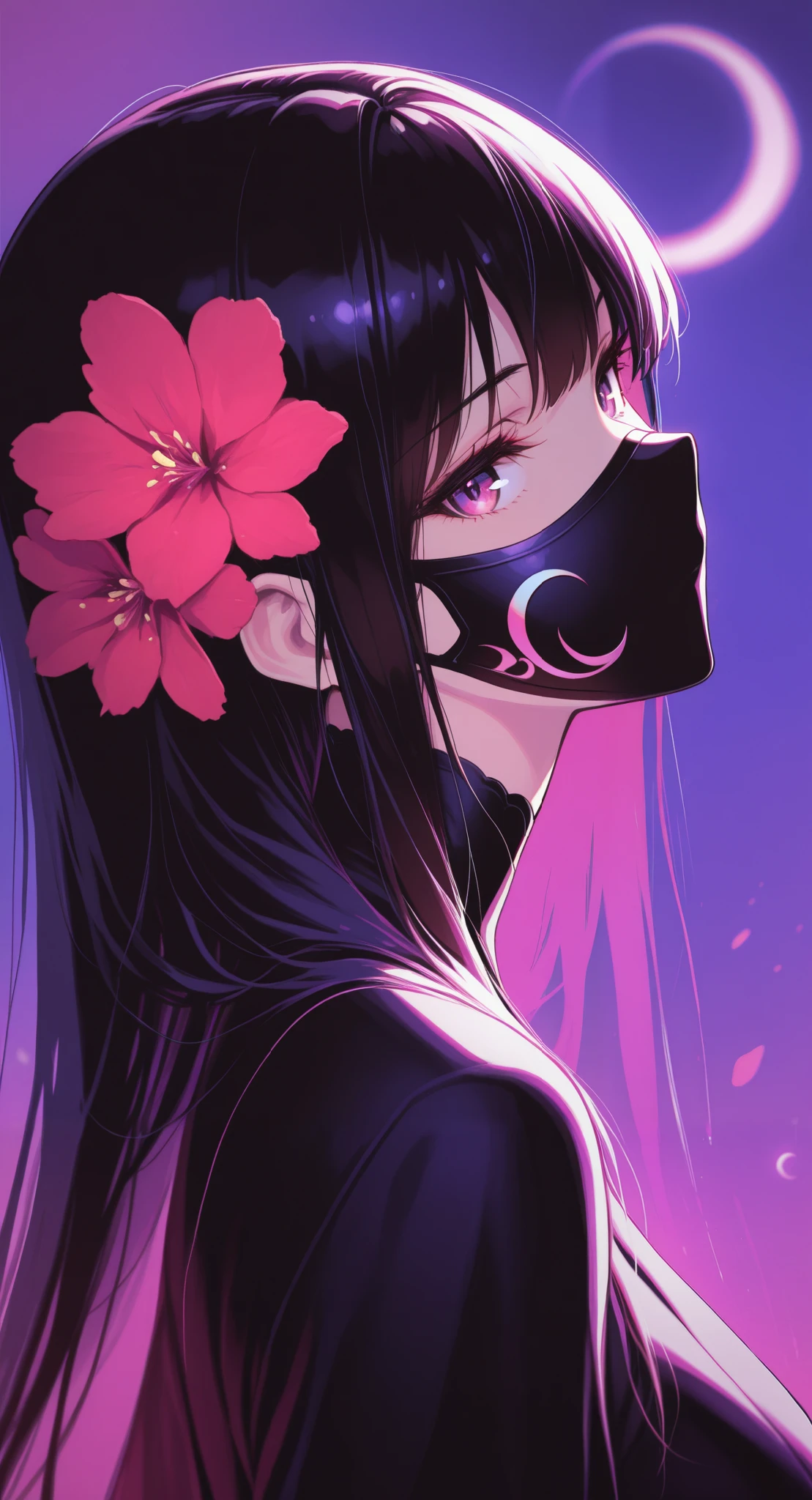 1woman, black mask, high angle perspective, medium sized painting, red flowers in hair, long black hair framing face, deep blue background, crescent moon upper right, large cluster of red flowers adjacent, pop of color, contrast, depth composition, masterpiece, newest, absurdres, incredibly absurdres, abstract background, concept art, depth of field, volumetric lighting, dynamic angle, epic composition, epic proportion, best quality, amazing quality, very aesthetic, detailed background, detailed environment