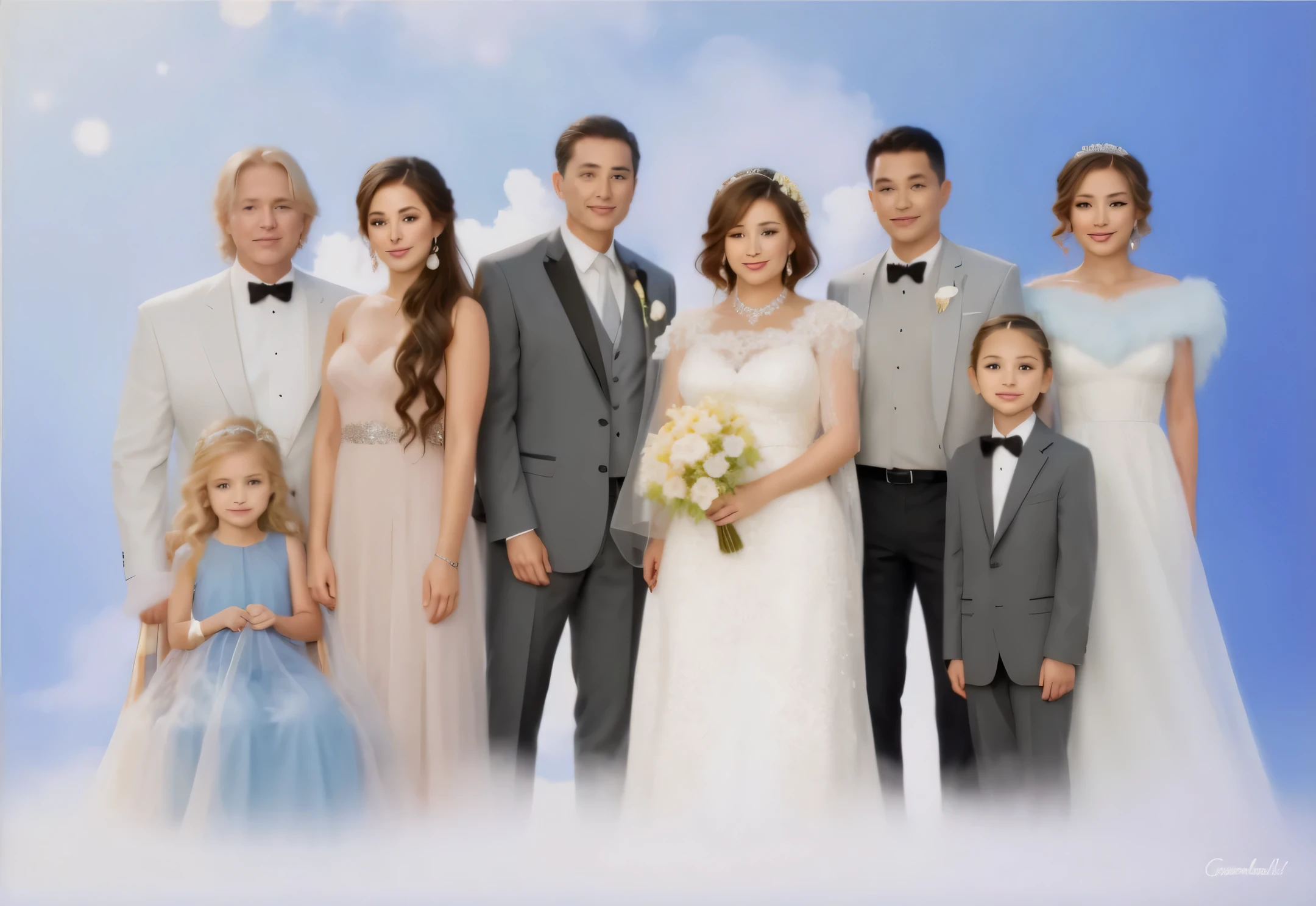 Grandmother sitting in a chair , granddaughter in a beautiful ball gown with beautiful blond hair , there are flowers around