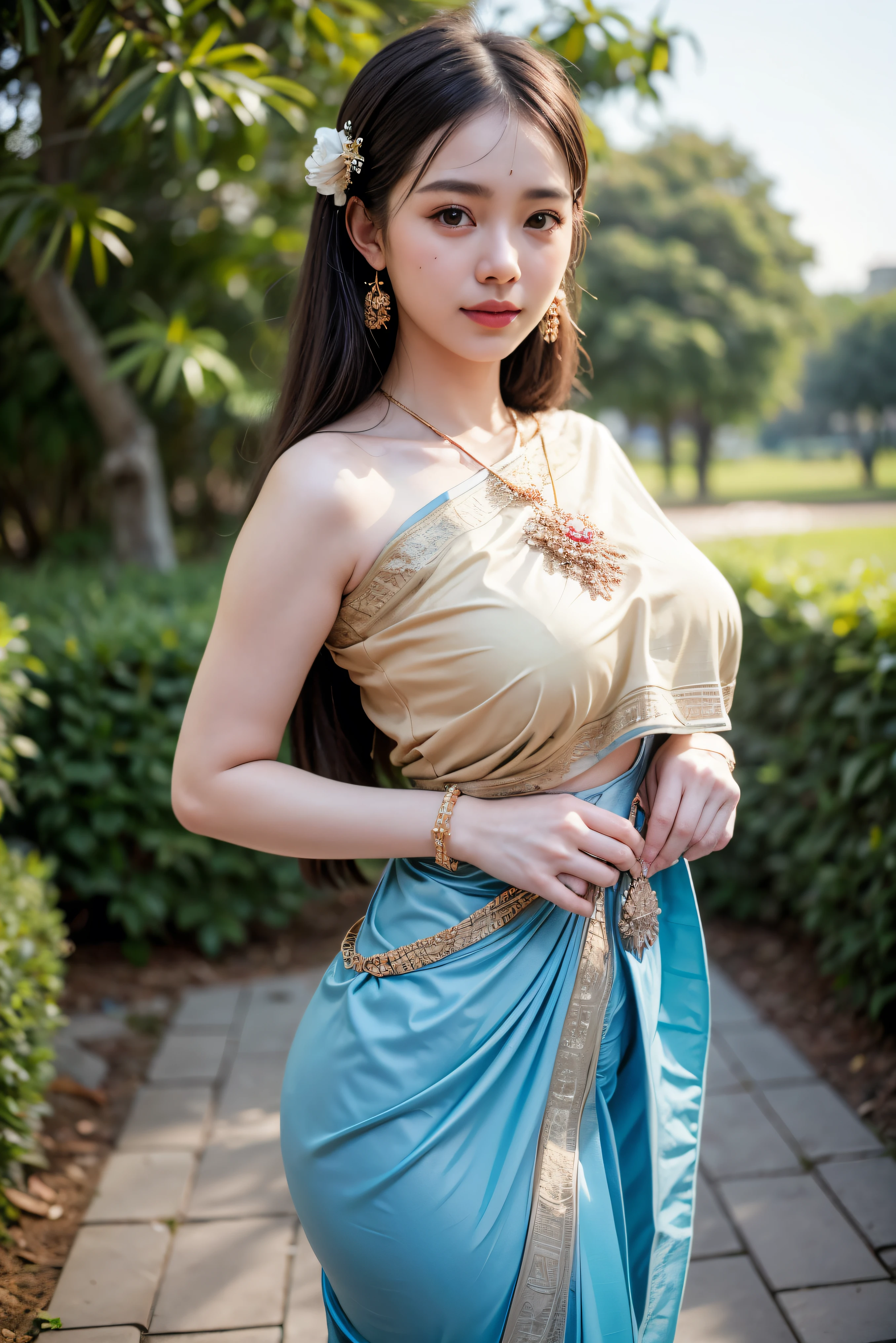 Arafed asian woman in a blue sari posing for a picture - SeaArt AI
