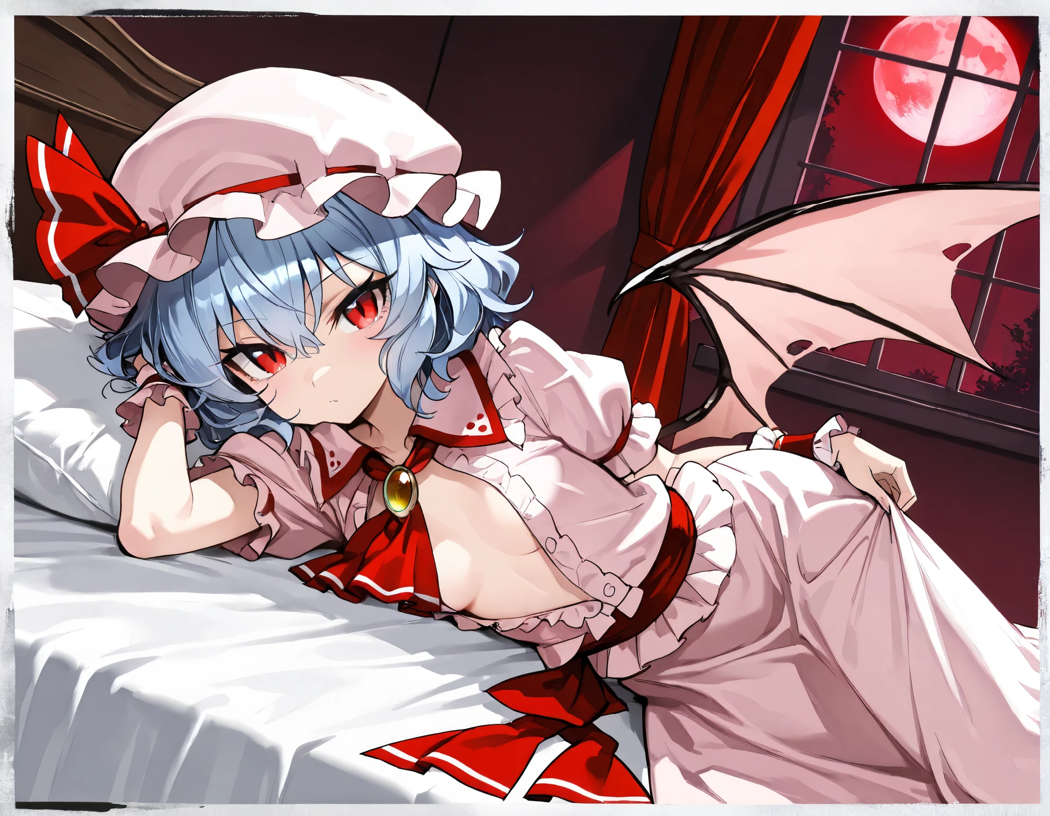 (best quality, highest quality:1.2), masterpiece, top quality, ultra high definition, rich contrasts, HD, 8k, High Definition CG Unit Wallpaper, texture, Unbelievably Absurd, ultra high definition, RAW photos, Deep border:1.2, very detailed,
1girl, solo, Diabolical, newest, highres, absurdres, highly detailed, best quality, lying, bed room,
Anime Girls, blue hair, dress, frills, hat, hat ribbon, mob cap, pink dress, puffy sleeves, red ascot, red eyes, red sash, remilia scarlet, ribbon, sash, short hair, short sleeves, white dress, wings, wrist cuffs, ((half undress)),
red full moon, night sky, night, red moonlight, red curtain, window, indoor,