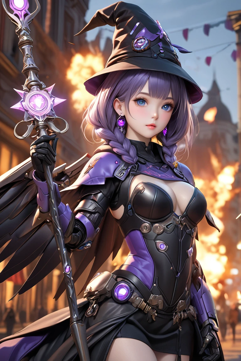 1girl,solo,<lora:AllStarMercy:1>,allstar,crown,gloves,breastplate,armor,mechanical wings,long skirt,pelvic curtain,blue eyes,purple hair,long hair,wave hair,crescent earrings,crescent hair ornament,(night:1.3),(gothic architecture:1.5),looking_at_viewer,smile,full_shot,sitting,, masterpiece,best quality,highres,ultra high res,(abstract art:1.2),2d,(highlydetailed),(colorful),(intenseexpression),(fashionable),