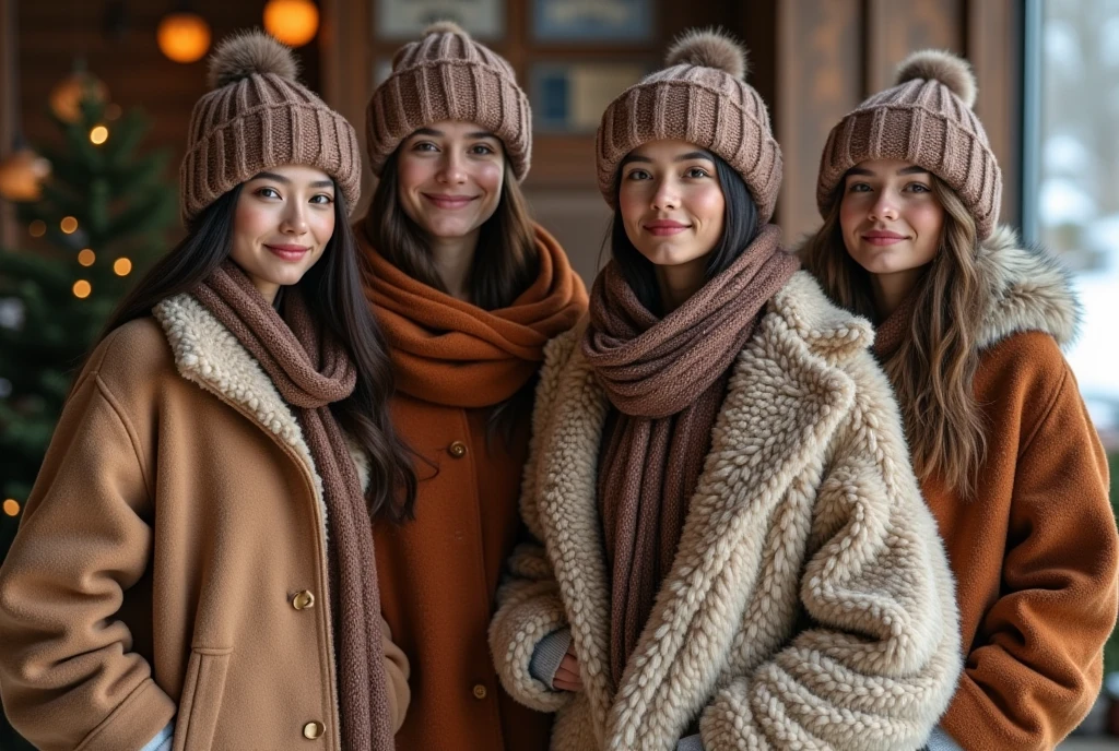 Four big breasts girls in tight plain turtleneck with beanie, realistic image