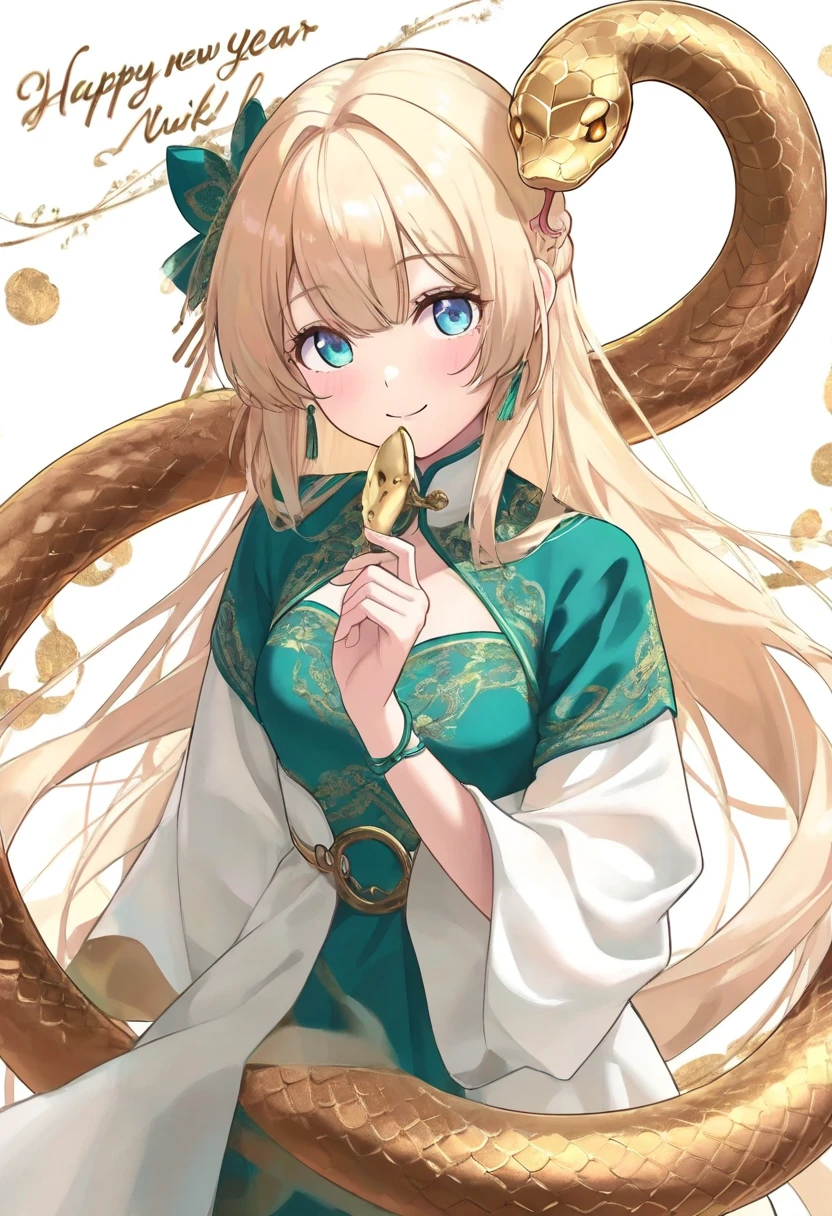 close-up of a golden turquoise snake , it circles around itself , bright colors evoke prosperity and good luck. Next to the snake , a young girl ,, white as porcelain , eyes as bright as sapphires , standing confidently in front of a white background . more than, bold gold text shines , with elegant cursive " Happy New Year 2025 ", radiates a warm atmosphere .