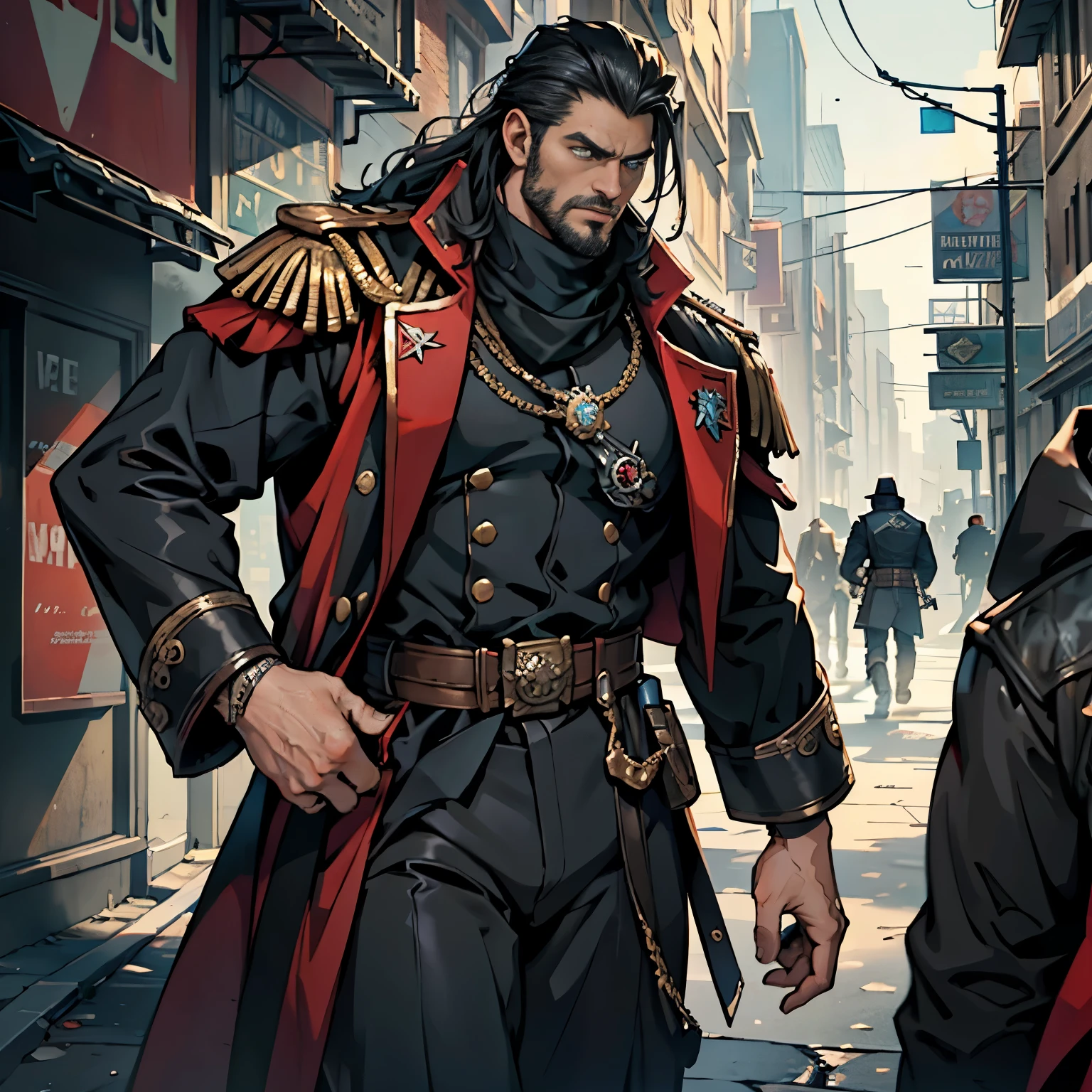 ((Best quality)), ((masterpiece)), ((realistic cartoon)), ((perfect character)):

In this stunning and highly detailed realistic cartoon, we present a male human. The man stands tall, a middle-aged man, and he's Commissar from Warhammer 40K, and powerfully built, he has long-medium raven black hair and he has a stern face. he had blue eyes, wore a black coat, a black pant, and had a strong balanced muscle body.


Every element of this masterpiece is carefully designed to create a sense of realism and immersion. The intricacies of the man's clothing, the mesmerizing effects of the area around him and he was in city in winter season, and the level of detail in his weathered face all contribute to a captivating visual experience. This artwork is presented in stunning UHD resolution, allowing you to appreciate every nuance and intricacy in breathtaking detail.

Eye level, scenic, masterpiece.