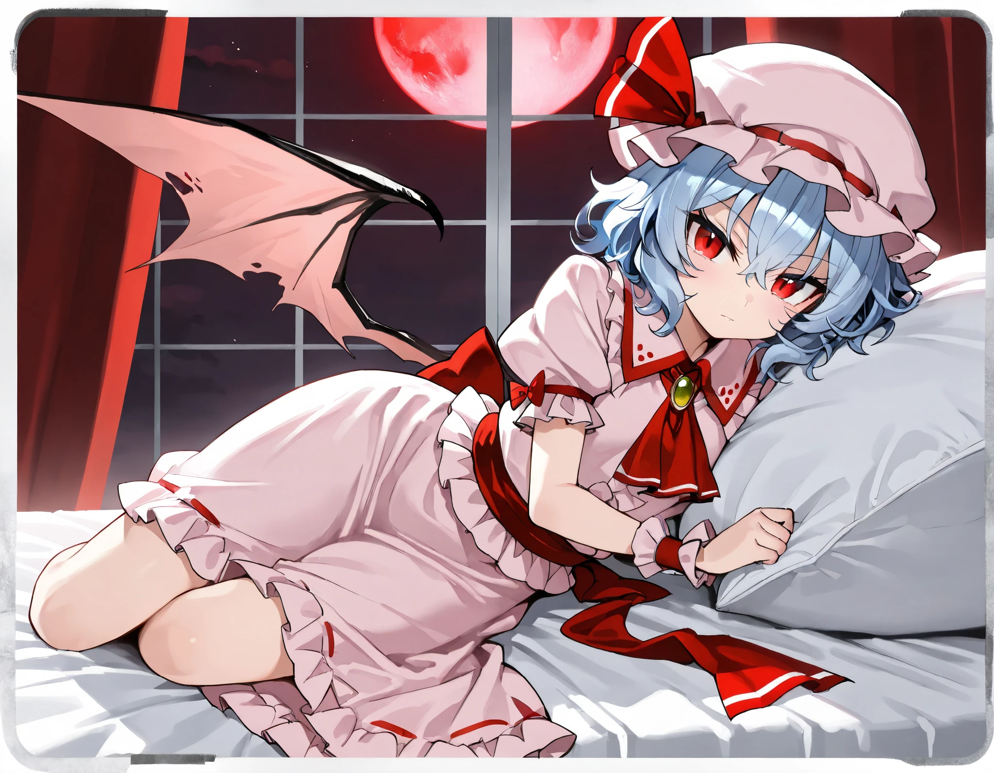 (best quality, highest quality:1.2), masterpiece, top quality, ultra high definition, rich contrasts, HD, 8k, High Definition CG Unit Wallpaper, texture, Unbelievably Absurd, ultra high definition, RAW photos, Deep border:1.2, very detailed, ((half undress)),
1girl, solo, Diabolical, newest, highres, absurdres, highly detailed, best quality, lying, bed room,
Anime Girls, blue hair, dress, frills, hat, hat ribbon, mob cap, pink dress, puffy sleeves, red ascot, red eyes, red sash, remilia scarlet, ribbon, sash, short hair, short sleeves, white dress, wings, wrist cuffs,
red full moon, night sky, night, red moonlight, red curtain, window, indoor,
