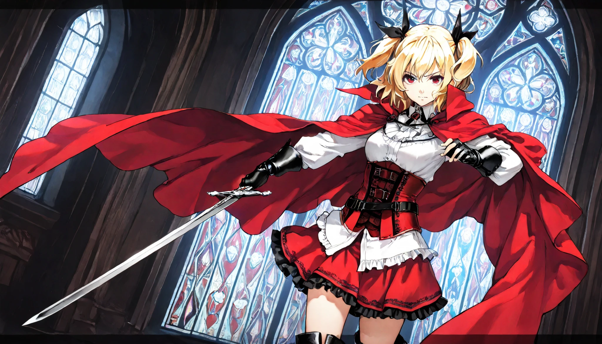 (best quality, highest quality:1.2), masterpiece, top quality, ultra high definition, rich contrasts, HD,8k, High Definition CG Unit Wallpaper, texture , Unbelievably Absurd, ultra high definition, RAW photos ,Deep border 1 .2, very detailed, action of a soldier wielding,
1girl, solo, cowboy shot, white shirts, red long cape cloak, red corset, frills red skirt, black fingerless gloves, knee boots, blonde, two side up, red eye, holding a sword,
Anime Girls, dutch angle, Gloomy painting style, dark church, stained glass,
