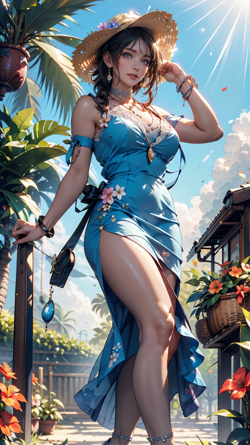 ((belo vestido azul turquesa+Vestido deslumbrante:1.2),(mulher negra+pele negra),cachoeira exuberante,floresta tropical exuberante)