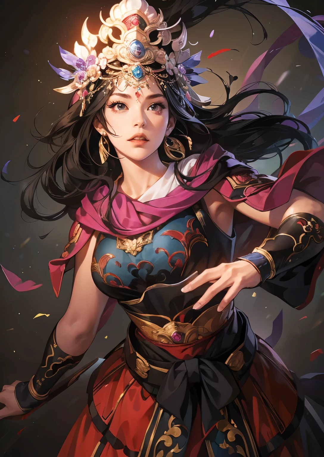 (((Maintain color ))), ((( picture style maintenance ))), (( Koei Three Kingdoms illustration style with a view of the chest)), ((Maintain the composition)), attractive woman , perfect face,((black eyes)), (( black hair)), big boobs, with a view of the chest valley , A woman holding a window behind a colorful tribal costume , Woman holding a back window