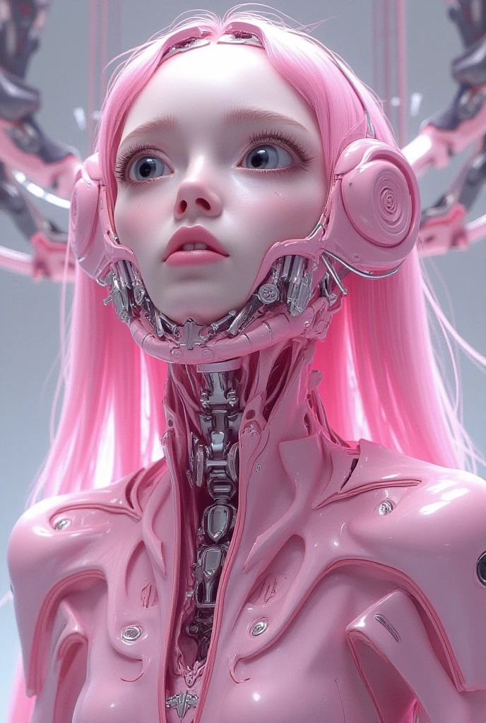 Striking hyperrealistic Glossy Carved white-pink porcelain cyborg-alien, stunning face upturned, charming mouth semi-opened, orthodontic apparel, perfect features, bald, beautiful amber-orange piping, high detailed cinematic background , H.R.Giger, Miki Asai Macro photography, close-up, hyper detailed, trending on artstation, sharp focus, studio photo, intricate details, highly detailed, by greg rutkowski, hyper-maximalism, beautiful voronoi pattern, hyper-detailed, sharp focus, HDR, 16k