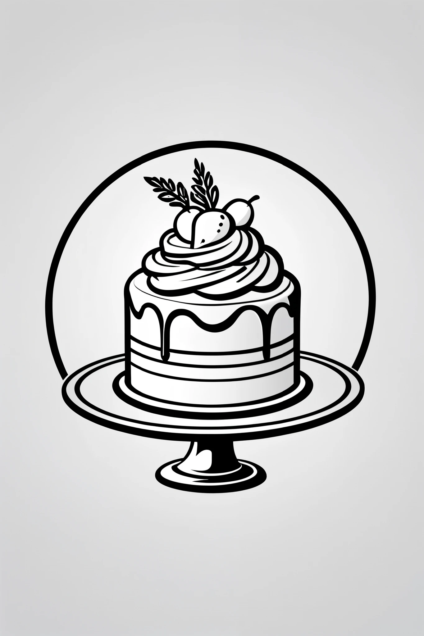 A minimalist black and white carrot cake logo, designed for easy tracing in CorelDRAW. The design features a stylized carrot cake with a small carrot on top, using clean lines and simple geometric shapes. The composition is balanced, incorporating circular or vintage badge-style elements with subtle decorative details like wheat, lines, or ornamental flourishes. The image is high contrast, using only black and white colors, ensuring clear visibility and easy vector tracing