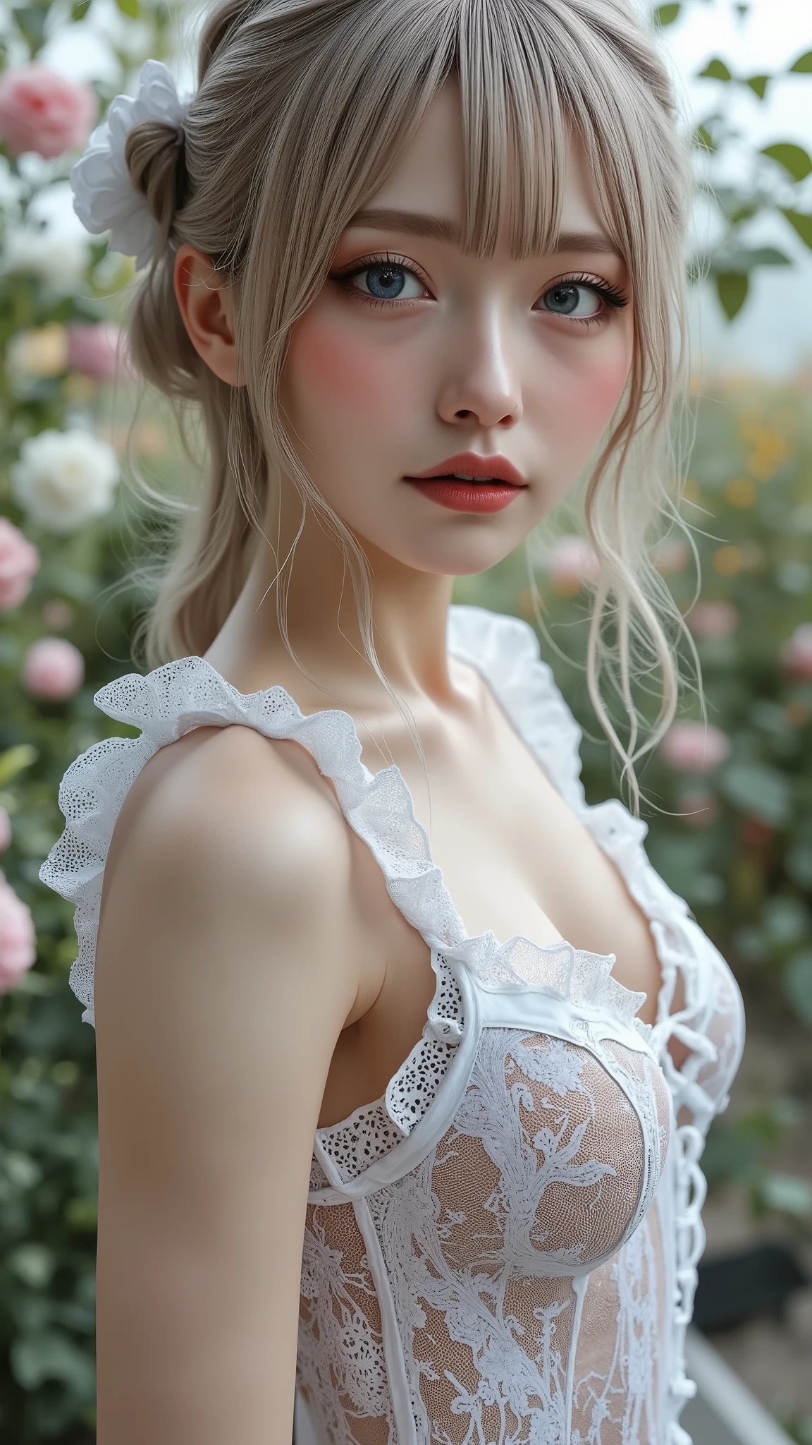 Realistic ((Photorealistic realism)), Hyper high resolution, ((Hyper insanel quality, epice masterciece, intricately detailed digital art)),((focus on extremely Realistic Proportion Body:1.3),"Portrait of {a woman with blue eyes, wearing a dress, standing in a garden}."(ultra realistic texture details: velvety skin, hair), ((sharp focus, no blurry eyes, Hyper absurd quality, Hyper details,Hyper realistic eyes:1.4)),((extra narrow eyebrows)),(Carefully draw Long blue_mascara:1.33),(perfect round eyes), (finely detailed pupils, (extremely fine details pupils)), detailed lips:1.3, (apply glossy red_lipstick:1.3), (perfect proportions:1.2), (White tight Dress made of lace fishnet), (Dolce & Gabbana, Floral style:1.26), (elegant fashion, intricate details:1.23), floral couture, (clothes made of silk and flower), (Wearing tight fitting dresses)), (black latex:1.25), latex bodysuit laced), (Intricately details multi-layer (Ruffled Black Gothic Punk Skirt), lace with fishnets:1.3), (white lace-up:1.3), Ultra intricate detailed,((she is the embodiment of beauty and allure, Dressed in a breathtaking and sophisticated floral bodysuit, elegant and sophisticated fashion:1.2)) dslr, high quality split lighting, sharp focus captured by Fujifilm XT3, f 5.6,(perfect composition),((look at the viewer)), HDR, UHD, studio lighting, physically-based rendering, vivid colors,
