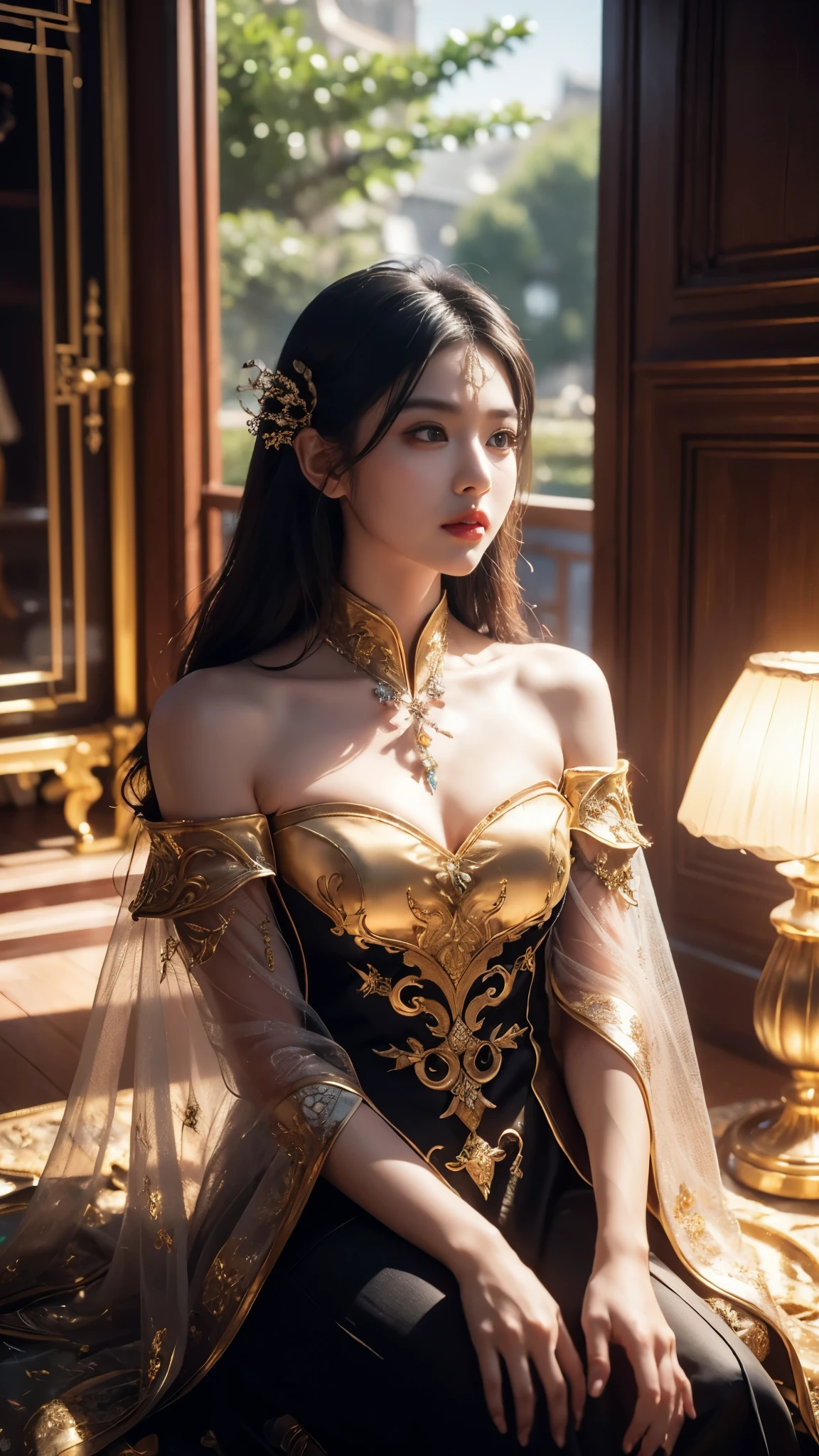 8K, ultra HD, masterpiece, realistic, 1 girl, good face, smoggy makeup, very long hair, princess hairstyle, detailed eyes, detailed lips, medium figure, very detailed dress, (golden dress:1.5), (strap:1.5), (lace:1.5), (net stocking:1), (jewelry:1.8), (disney castle), night sky, water, bloom lighting, night lighting, darkness, attractive poses
