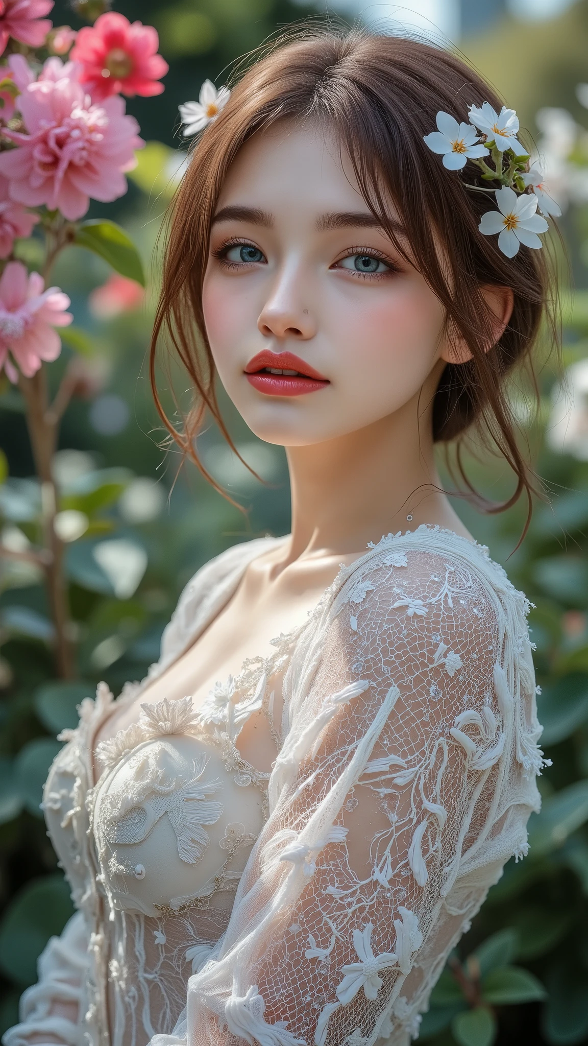 Realistic ((Photorealistic realism)), Hyper high resolution, ((Hyper insanel quality, epice masterciece, intricately detailed digital art)),((focus on extremely Realistic Proportion Body:1.3),"Portrait of {a woman with blue eyes, wearing a dress, standing in a garden}."(ultra realistic texture details: velvety skin, hair), ((sharp focus, no blurry eyes, Hyper absurd quality, Hyper details,Hyper realistic eyes:1.4)),((extra narrow eyebrows)),(Carefully draw Long blue_mascara:1.33),(perfect round eyes), (finely detailed pupils, (extremely fine details pupils)), detailed lips:1.3, (apply glossy red_lipstick:1.3), (perfect proportions:1.2), (White tight Dress made of lace fishnet), (Dolce & Gabbana, Floral style:1.26), (elegant fashion, intricate details:1.23), floral couture, (clothes made of silk and flower), (Wearing tight fitting dresses)), (black latex:1.25), latex bodysuit laced), (Intricately details multi-layer (Ruffled Black Gothic Punk Skirt), lace with fishnets:1.3), (white lace-up:1.3), dslr, high quality split lighting, sharp focus captured by Fujifilm XT3, f 5.6,(perfect composition),((look at the viewer)), HDR, UHD, studio lighting, physically-based rendering, vivid colors,