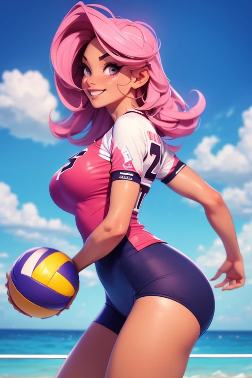 Please provide me with a picture of a young Asian woman with a smiling face, white hair, perfect body with big breasts and thin waist, new. Woman holds a soccer ball with her hands to cover her large breasts(without bra), she wears transparent lingerie(pink lips show through lingerie), and her legs are thick like a volleyball player.