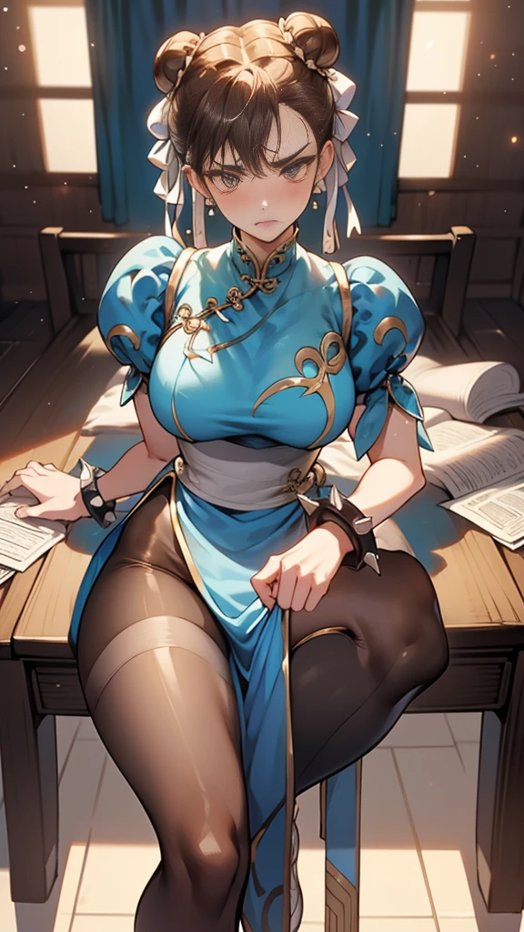 {{masterpiece}}, {{{Highest quality}}},{{Very detailed}},sf2 to,Chunli,Sitting in a chair in an office with a serious expression,,from below,Cowboy Shot,Focus on legs｛{{Sitting in a chair in an office with a serious expression成熟した女性}}｝,{{疲労でSweatをかいている成人女性}},Sweat,Hold the arm with one hand　,sit,{{Blushing}},{{V-shaped eyebrows}},{{Blue clothes}}{{Blue clothes}},{{puffy short sleeve}},Brown leggings,Brown tights{{{Blue Chinese dress with gold lines}},{Bunhead}},{{ Brown pantyhose}},{椅子にsit}},{},, ,{{spike bracelet}},{{Tied Hair}},,{{Thin legs}},{{White belt}},,Slender body}}{{ blue pelvis curtain}}, White boots, sash,, ,,blush,Wrinkles ,amount,Grit your teeth,suffering,v-shaped eyebrows.,Sweat dripping,Medium chest ,get annoyed,,Inside the office,Bun Head
