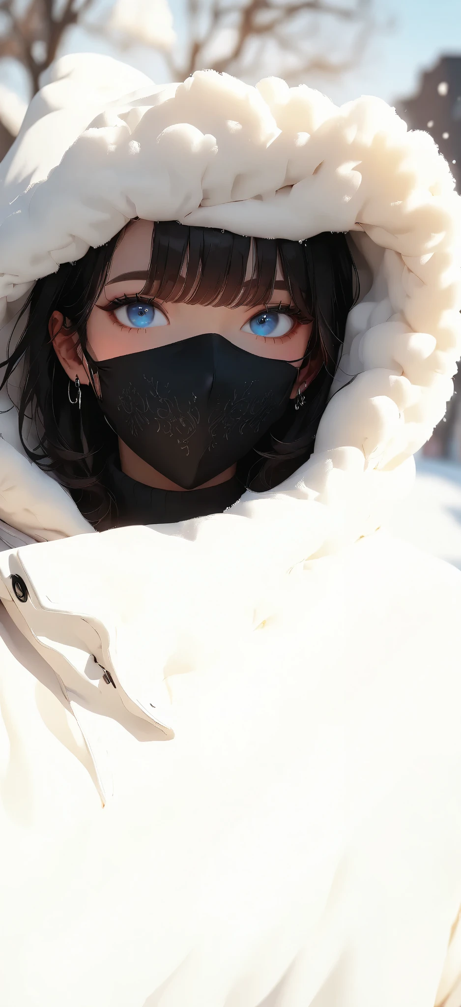 1girl, larg blue eyes, wearing a white coat and a black mask, with a covered face, wearing all black mask, wearing hood, chilly,mask, cold weather, wearing fluffy black scarf, chiho