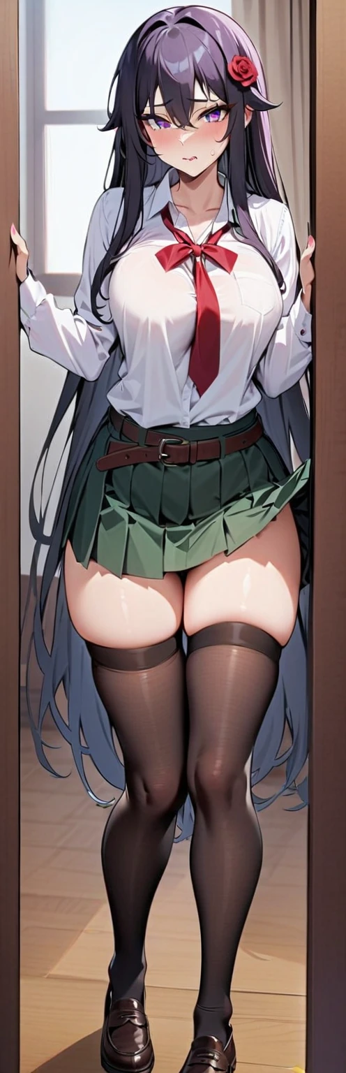 (masterpiece, best quality:1.2), 1 woman, alone,standing_divided, 
(((Yuki Mikan))), brown eyes, brown hair, long hair,  ((tight latex miniskirt)), no panties, ((Lift one leg up and show your pussy))

