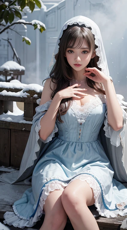 (8K, RAW photos, Best quality, masterpiece:1.2),(realistically, Photo-realistic:1.4),hide your face from sadness,Seductive pose,Butt,Cleavage,,Suspenders,underwear,Suspenders,Bikini,Amorous,Topless,Lace,Kneeling,Legs open,Wet,Leg ring,Lolita clothing,Lace, Alice Gainsborough, Upper part of the body, underwear,Expose bare shoulders, external, (external,Covered with snow,cloak,) high quality, Adobe Lightroom, High Detail Skin, Looking at the audience,