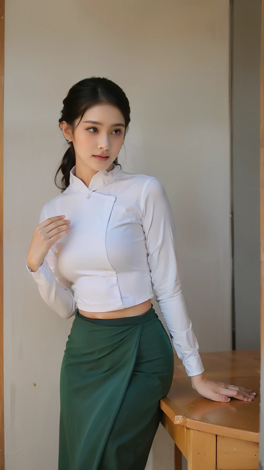 wearing acmmsayarma outfit, wearing lace acmmsayarma shirt, wear push-up bra inside the shirt, colorful image, colorful image texture, detailed colorful, realistic colorful image, realistic colorful texture, Realistic enhancement, ultra-detailed textures with high definition, enhanced yellow tones with natural shading, lifelike lighting with soft shadows and highlights, hyper-realistic surface details, finely tuned material depth and structure, photorealistic clarity with refined contrasts, incredible sharpness and accuracy in every element, Colorful image, vibrant and rich hues with dynamic contrast, enhanced yellow tones with depth and warmth, high saturation with realistic shading, vivid and well-balanced color composition, bright and detailed textures, photorealistic lighting with smooth gradients, stunning visual harmony with enhanced clarity.