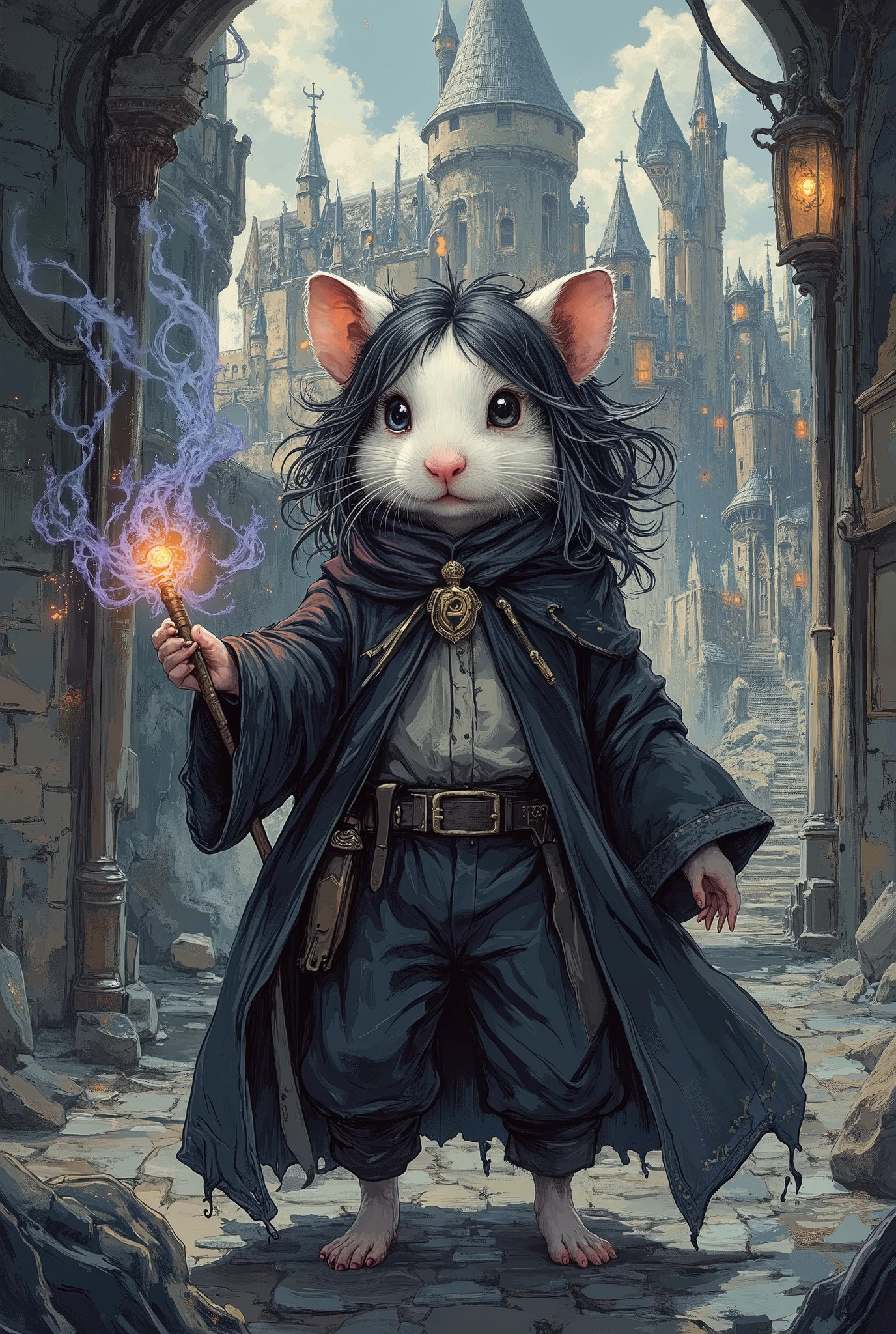 hamster dressed like severus snape from harry potter, masterpiece, best quality, Super Detail,an epic,4K,mystical castle, holds a magic wand , In fantasy art style, cinematic light ,((medium-length oily black hair :1.4)), ultra-detailed, 8k resolution . a top with a Chinese collar and button-down collar and black dress pants under his flowing pitch-black robe,((serious look)),