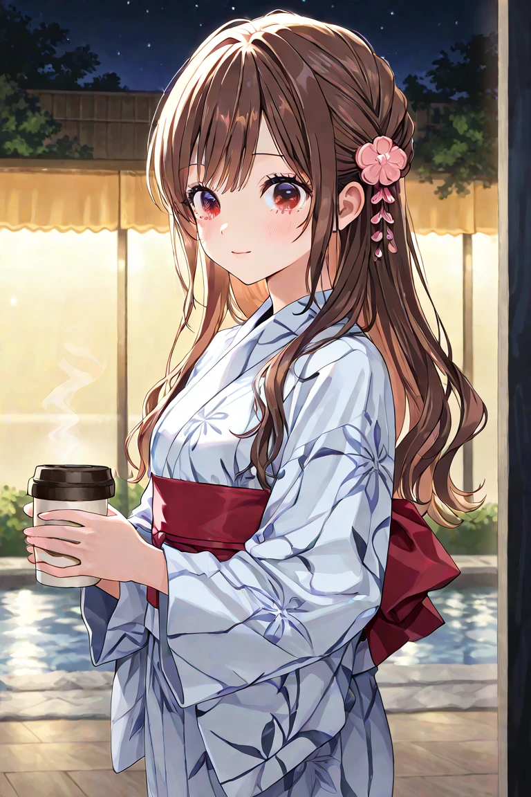 (  1 girl ),(  very detailed eyes,  Highly Detailed Faces ), (  high res ), (  top quality :1.4),An 18-year-old Japanese woman, There is a young girl holding a coffee cup in her hand,  cute pretty face,   cute natural anime face  ,  with a pretty face - pretty face , Sakimi-chan, Chiho, Yoshitomo Nara,  young and cute face ,   beautiful Japanese girl standing in front of a lake wearing a yukata ,  Brown hair and big eyes ,  cute girl, Beautiful light and big eyes 